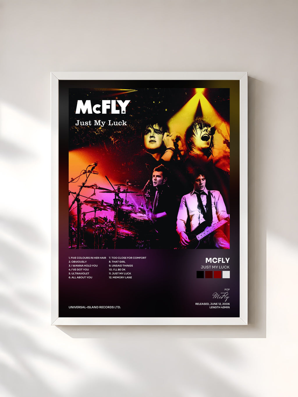 #blanc Tableau de l'album Just My Luck de McFly, cadre blanc, imprimé et encadré en France