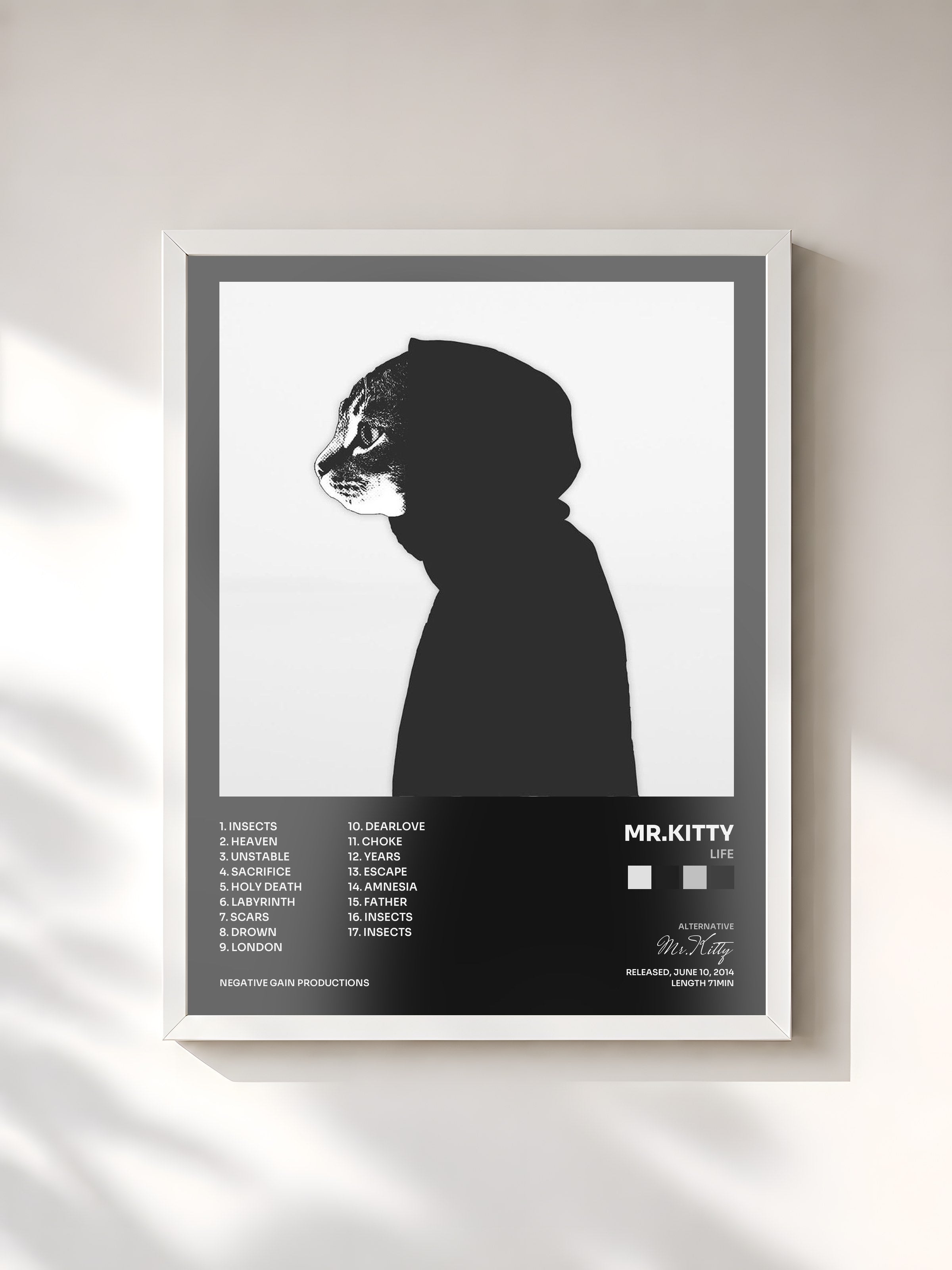 #blanc Tableau de l'album Life de Mr.Kitty, cadre blanc, imprimé et encadré en France