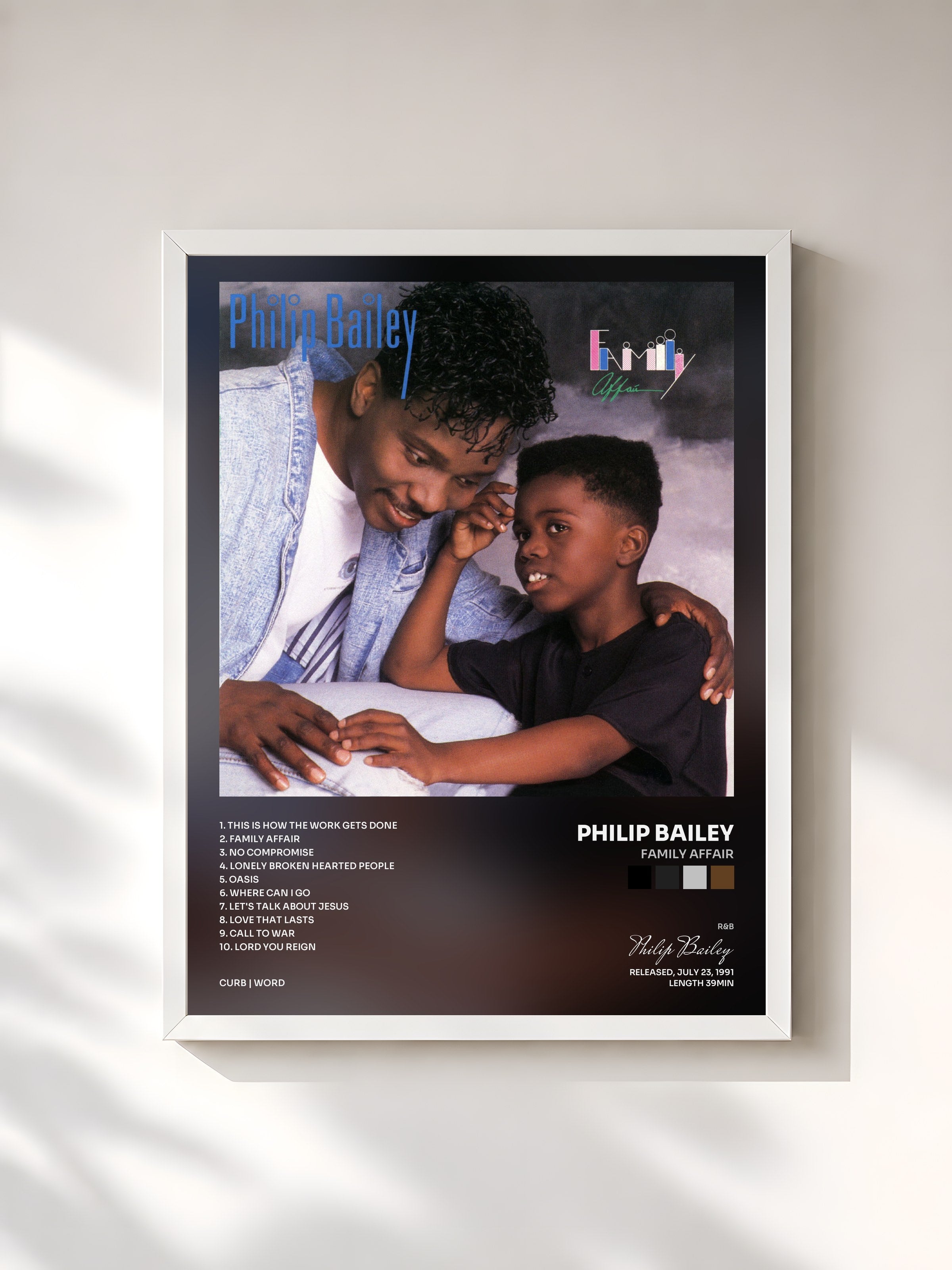 #blanc Tableau de l'album Family Affair de Philip Bailey, cadre blanc, imprimé et encadré en France