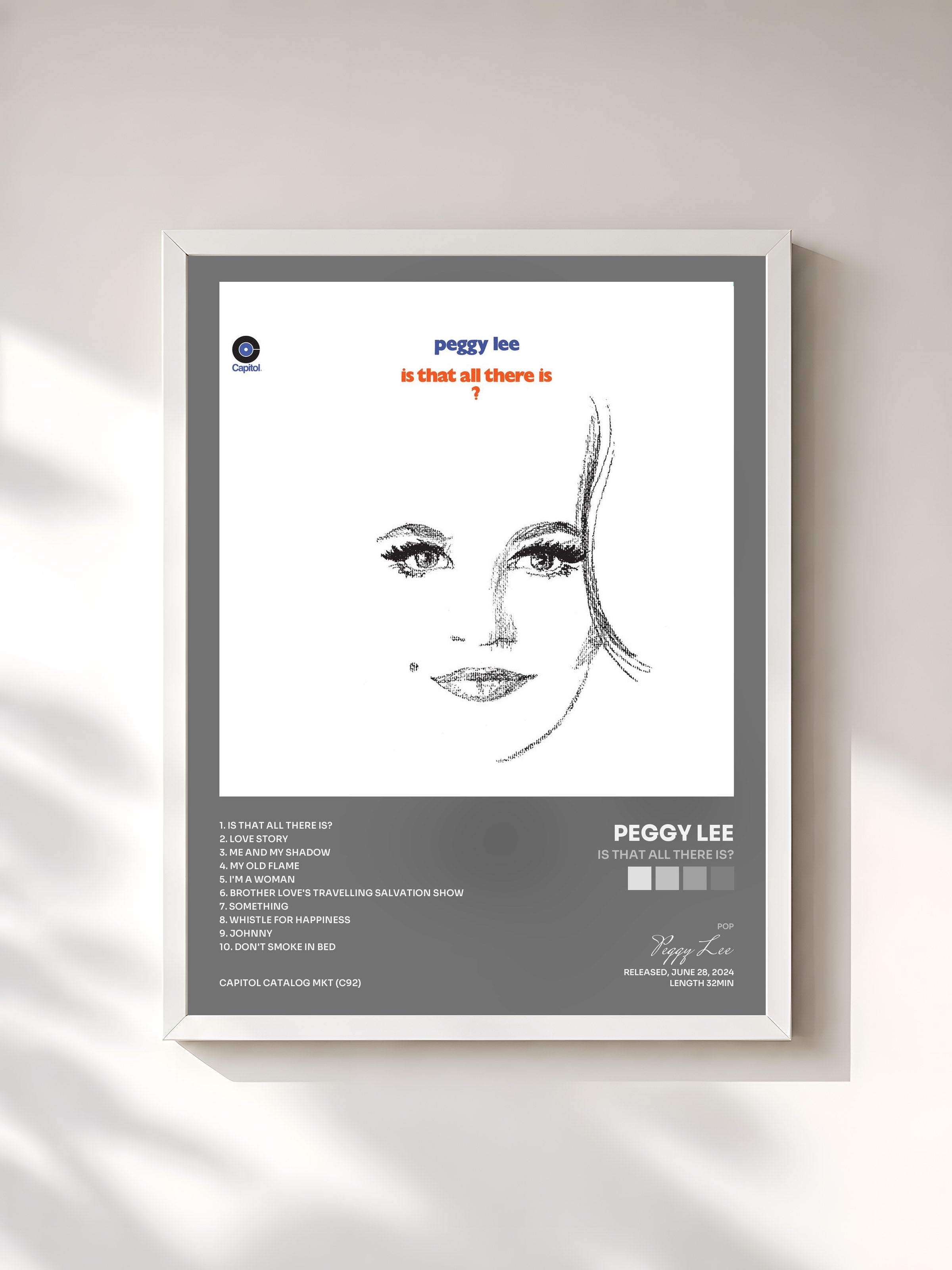 #blanc Tableau de l'album Is That All There Is? de Peggy Lee, cadre blanc, imprimé et encadré en France