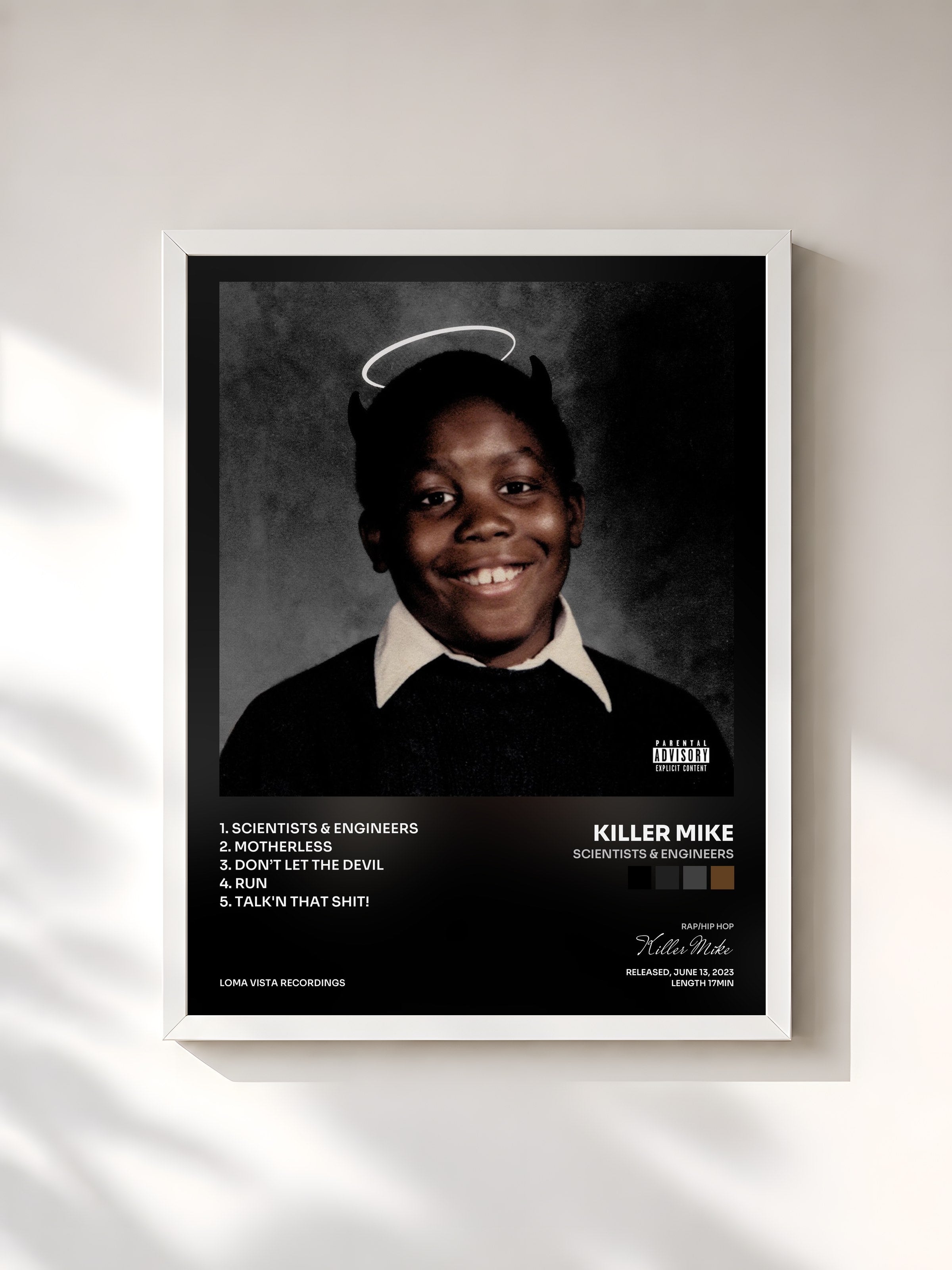 #blanc Tableau de l'album SCIENTISTS & ENGINEERS de Killer Mike, cadre blanc, imprimé et encadré en France