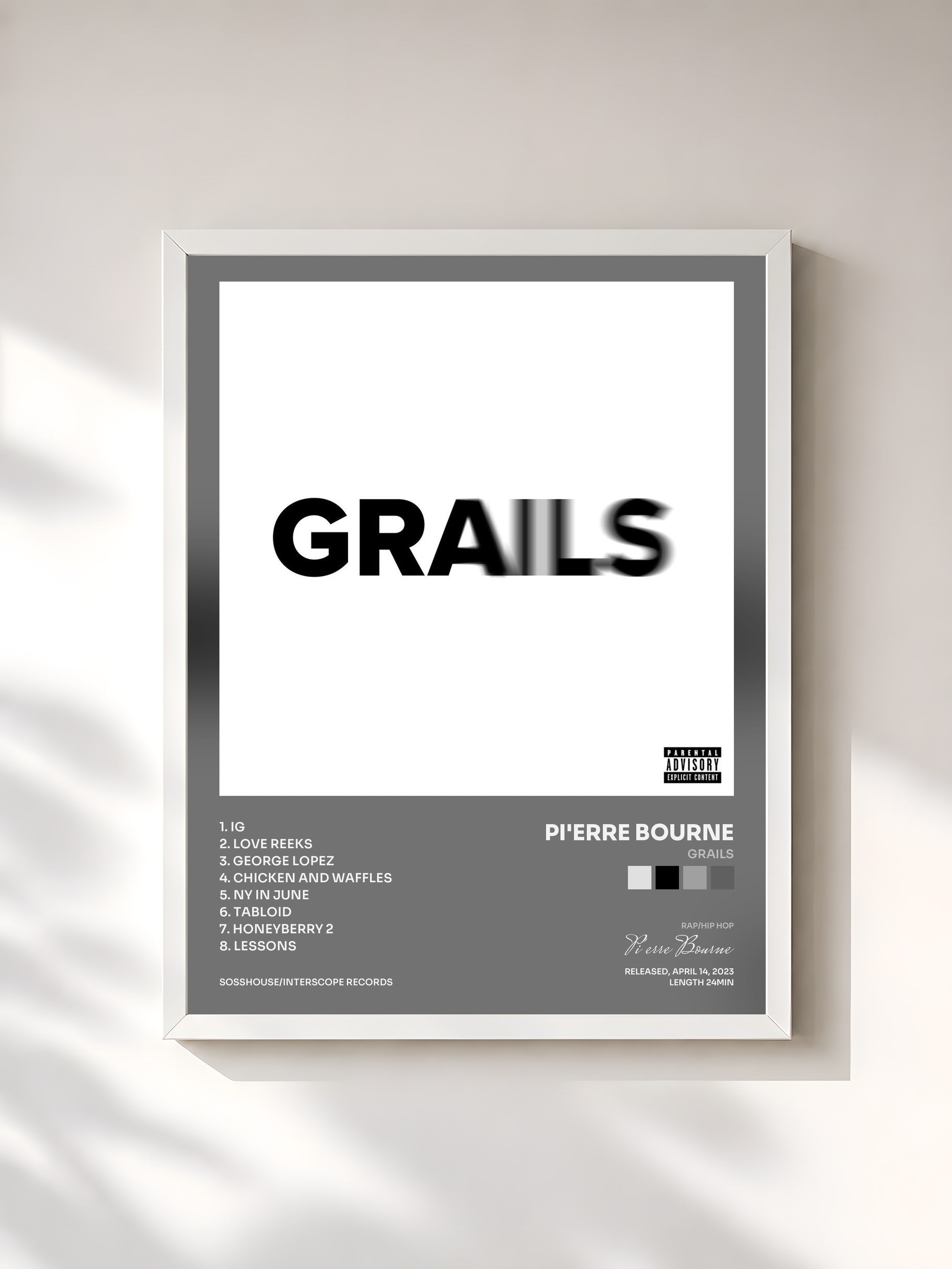 #blanc Tableau de l'album Grails de Pi'erre Bourne, cadre blanc, imprimé et encadré en France