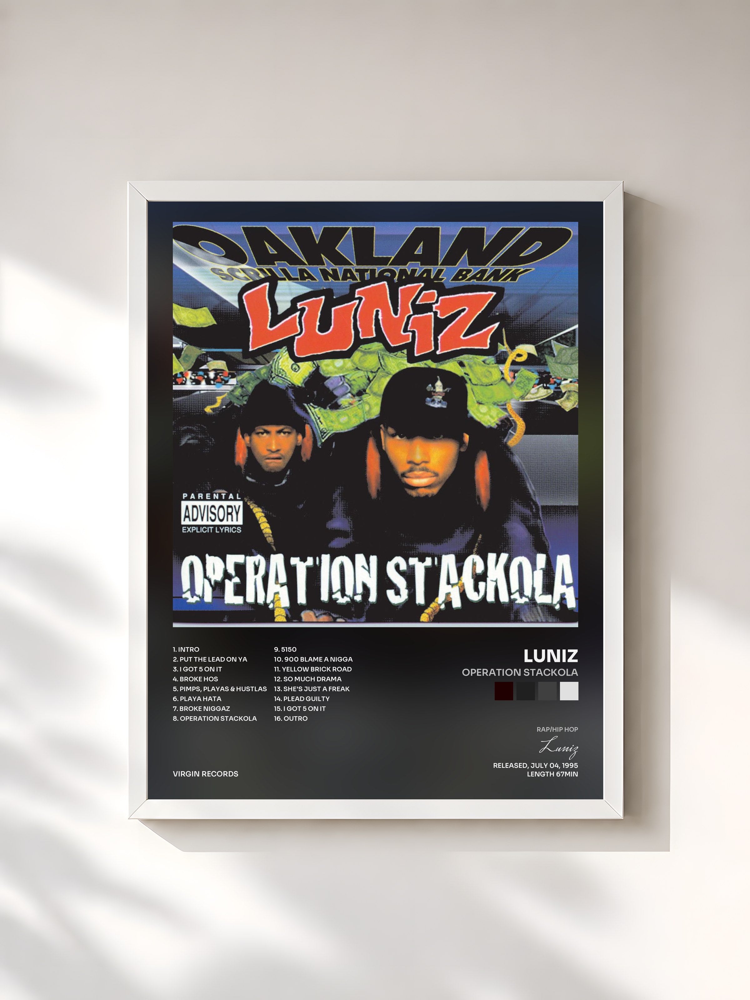 #blanc Tableau de l'album Operation Stackola de Luniz, cadre blanc, imprimé et encadré en France
