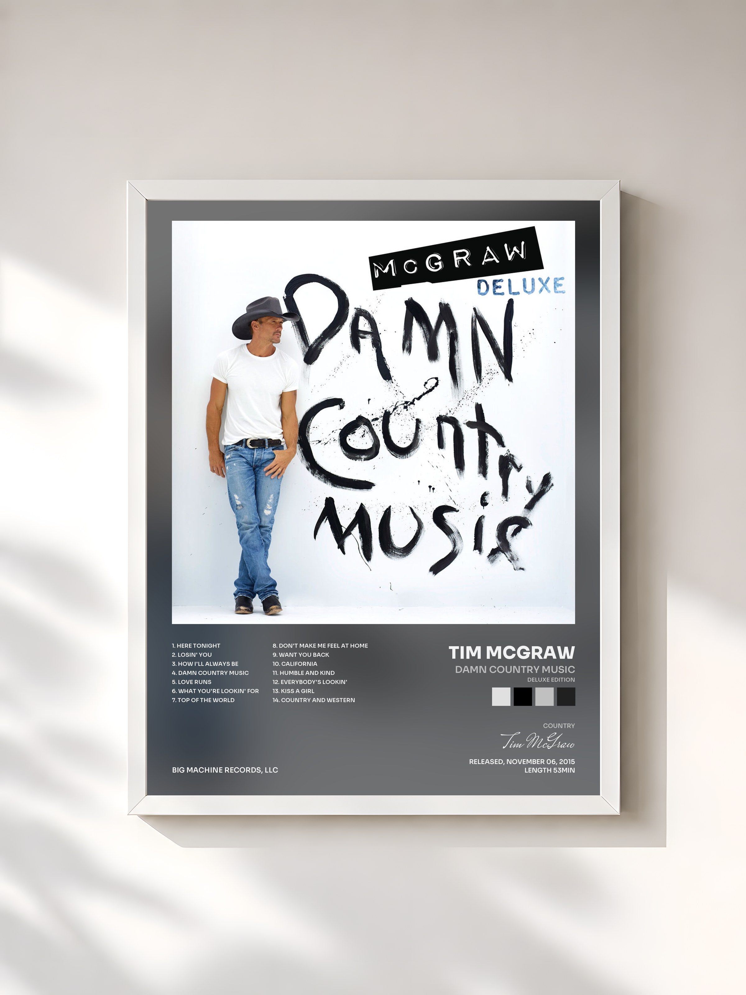 #blanc Tableau de l'album Damn Country Music (Deluxe Edition) de Tim McGraw, cadre blanc, imprimé et encadré en France