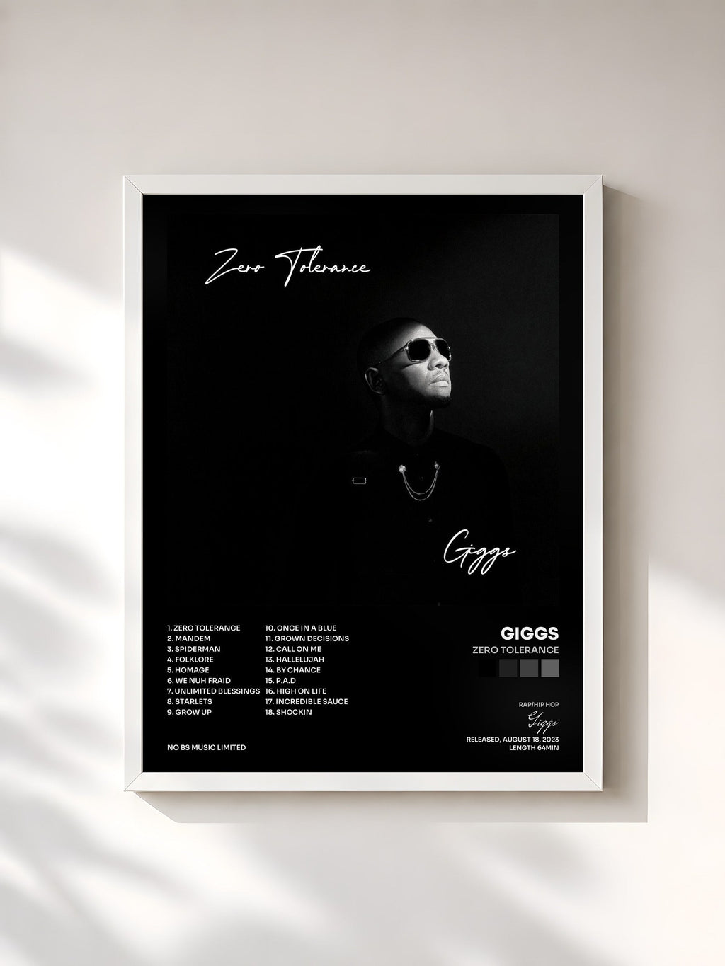 #blanc Tableau de l'album Zero Tolerance de Giggs, cadre blanc, imprimé et encadré en France