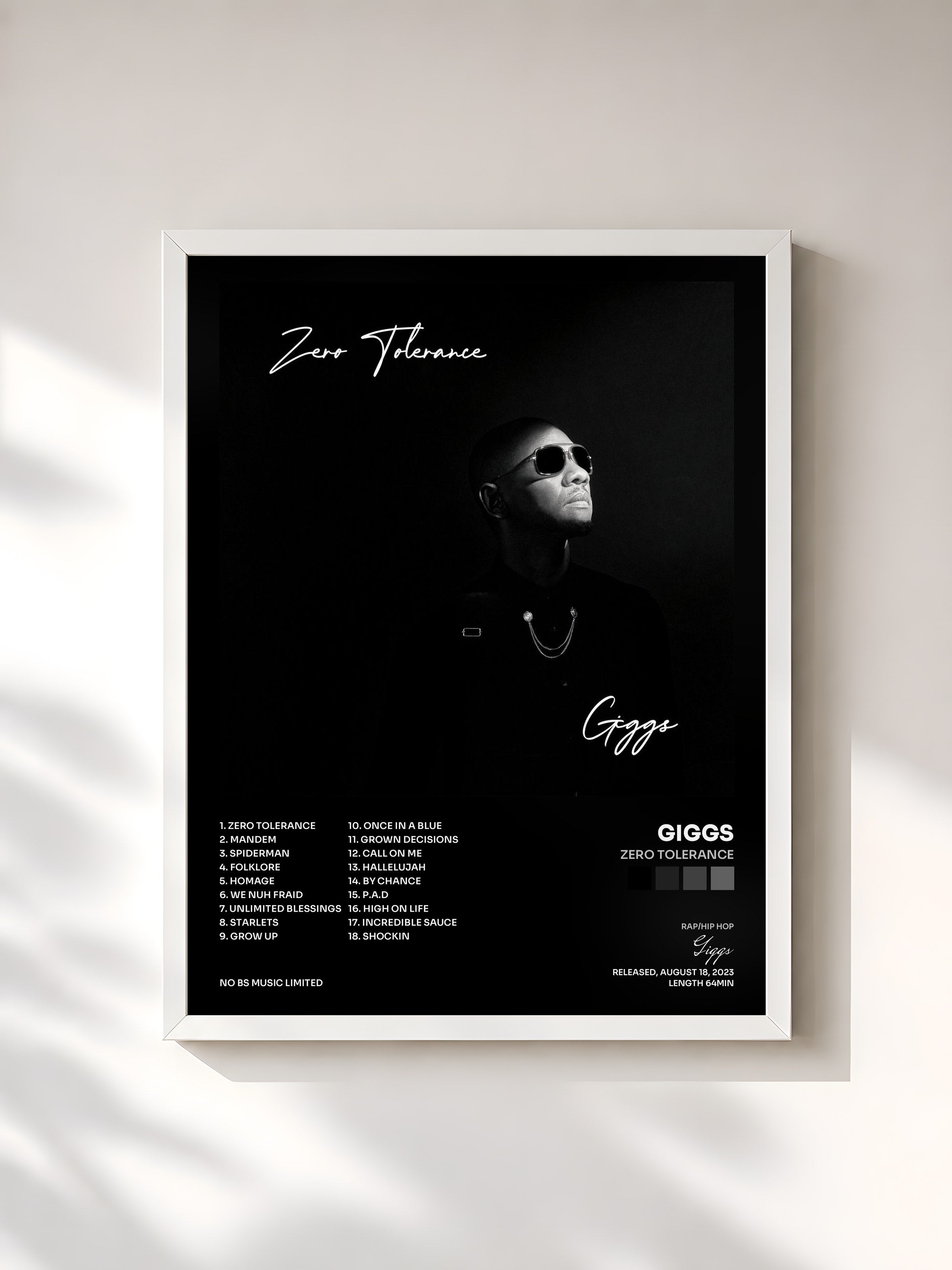 #blanc Tableau de l'album Zero Tolerance de Giggs, cadre blanc, imprimé et encadré en France