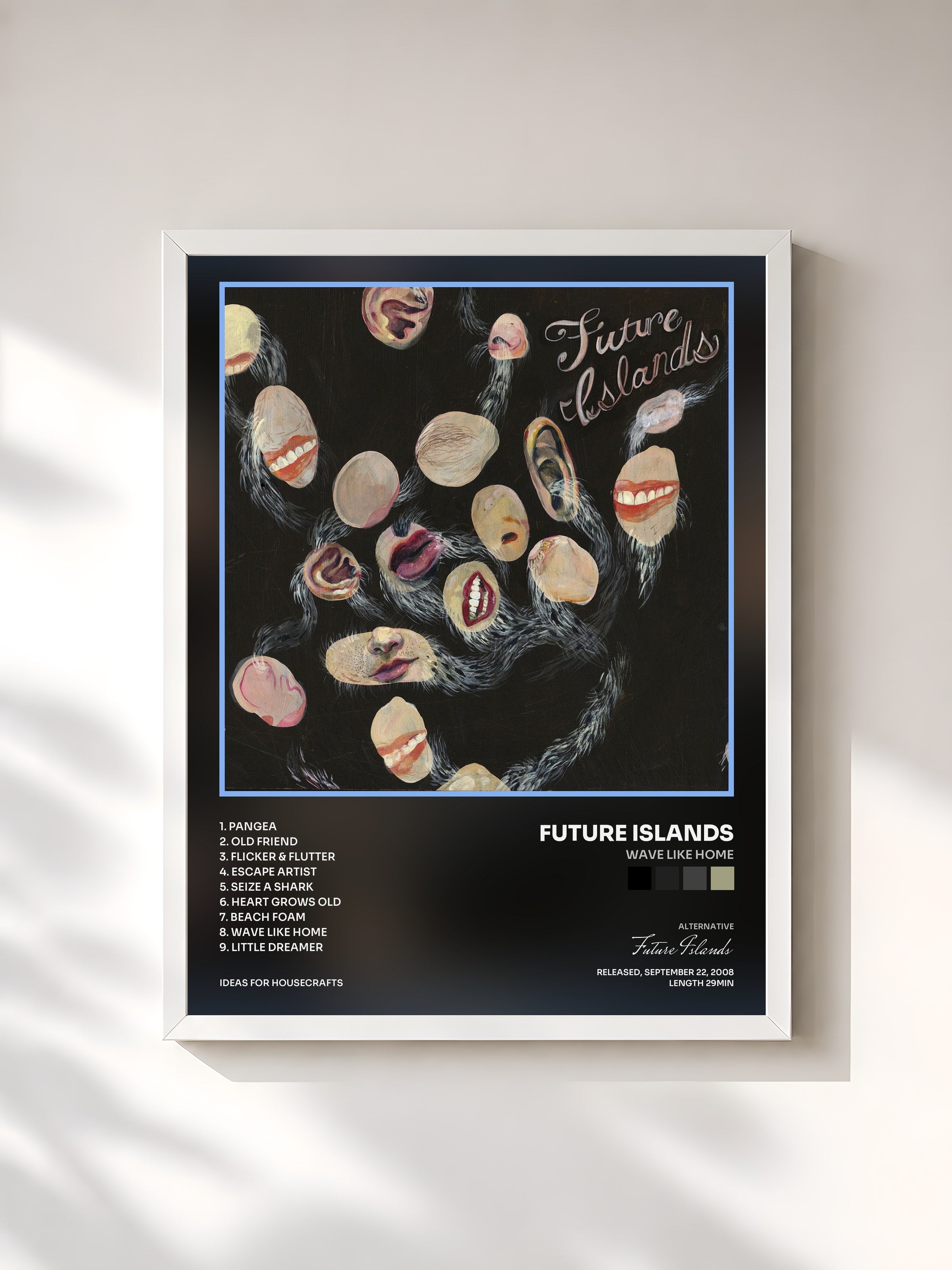 #blanc Tableau de l'album Wave Like Home de Future Islands, cadre blanc, imprimé et encadré en France