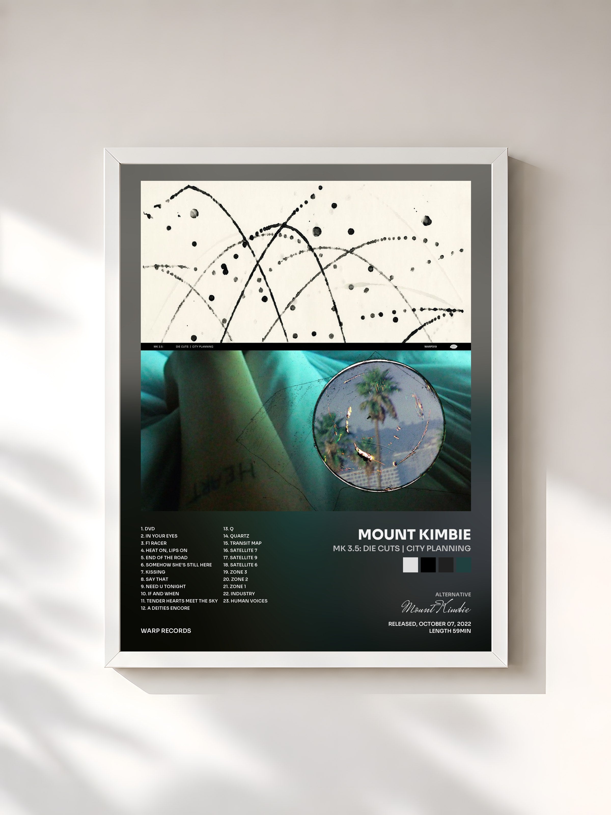 #blanc Tableau de l'album MK 3.5: Die Cuts | City Planning de Mount Kimbie, cadre blanc, imprimé et encadré en France