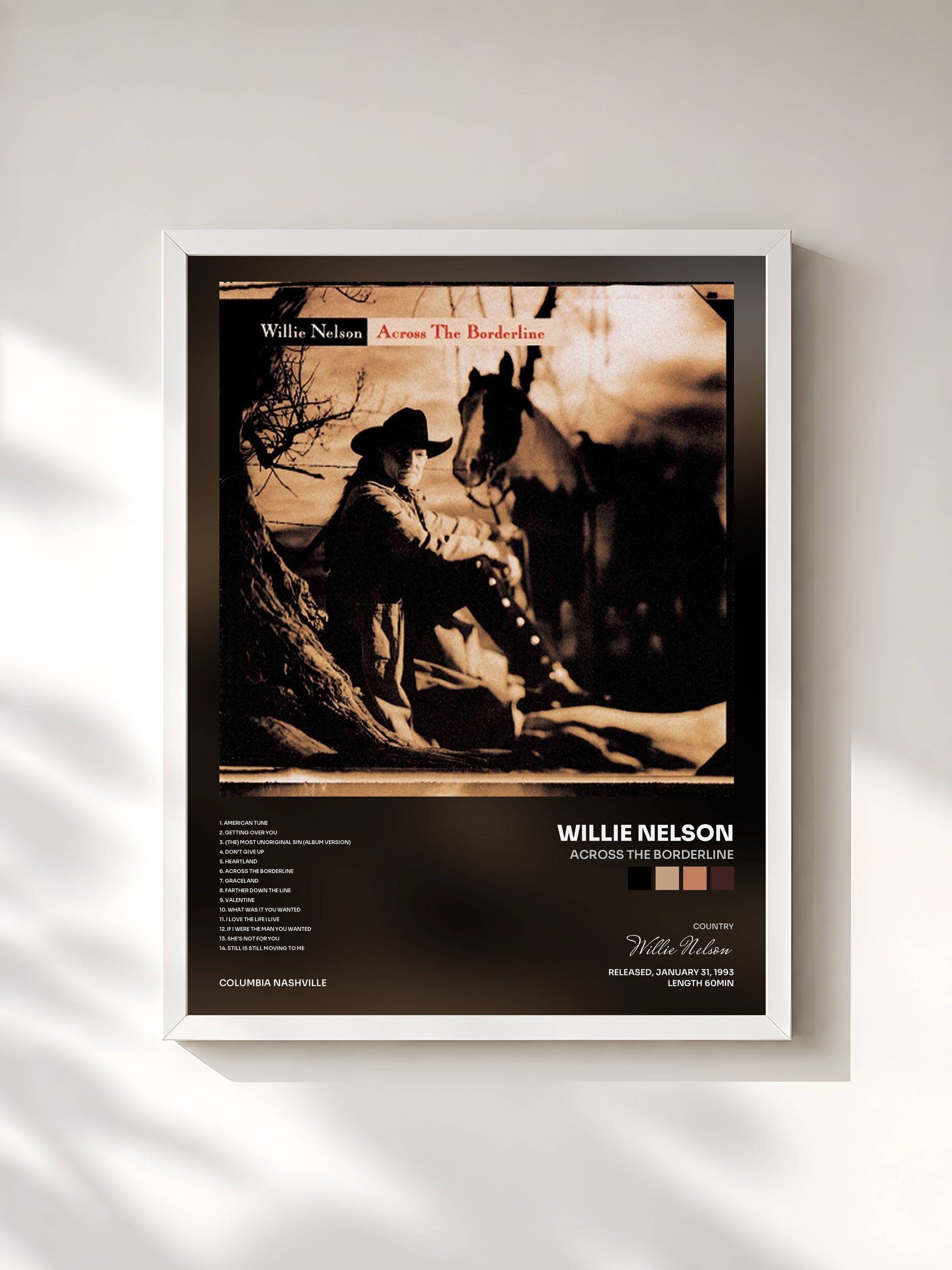 #blanc Tableau de l'album Across The Borderline de Willie Nelson, cadre blanc, imprimé et encadré en France