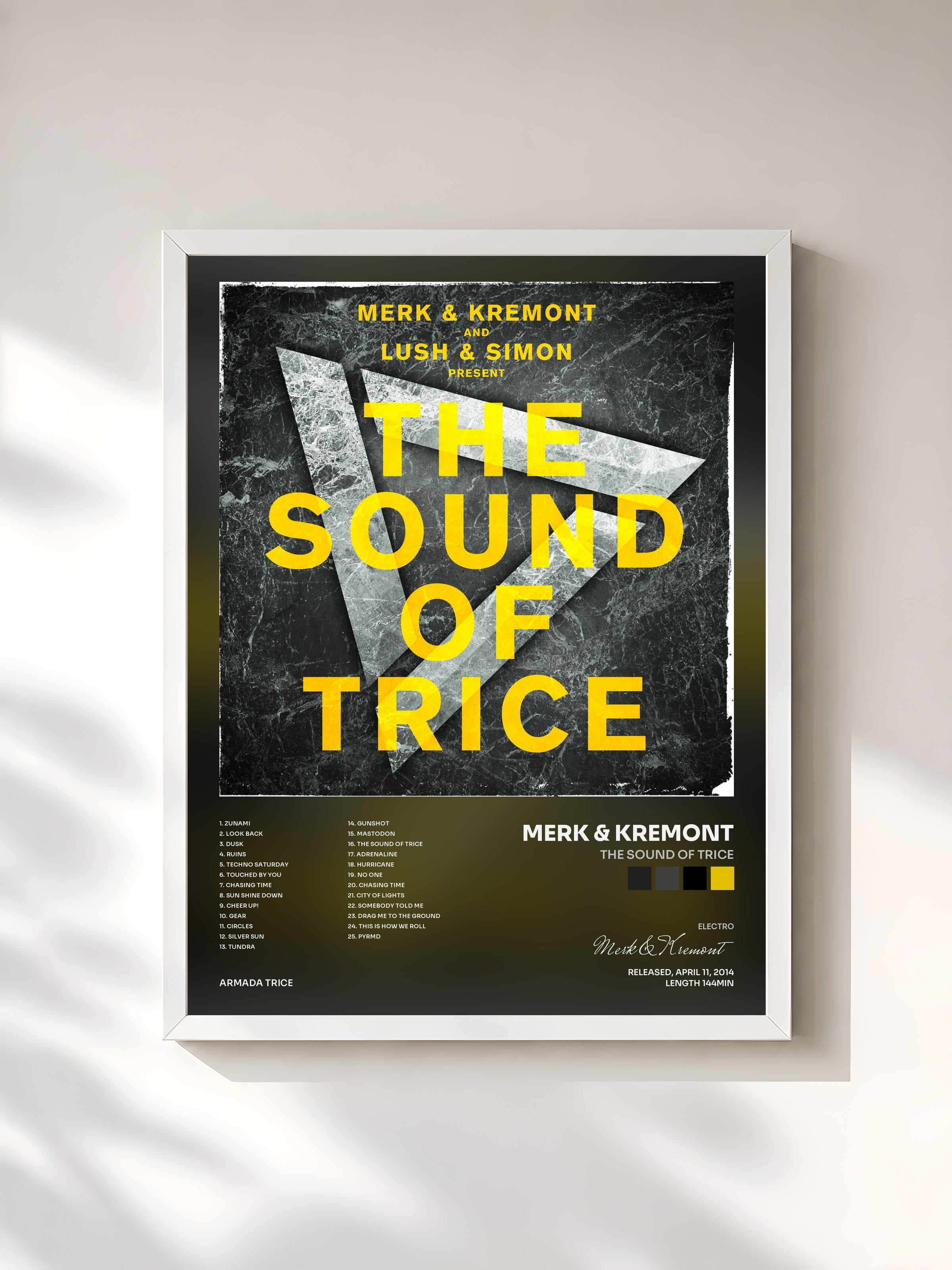 #blanc Tableau de l'album The Sound Of Trice de Merk & Kremont, cadre blanc, imprimé et encadré en France