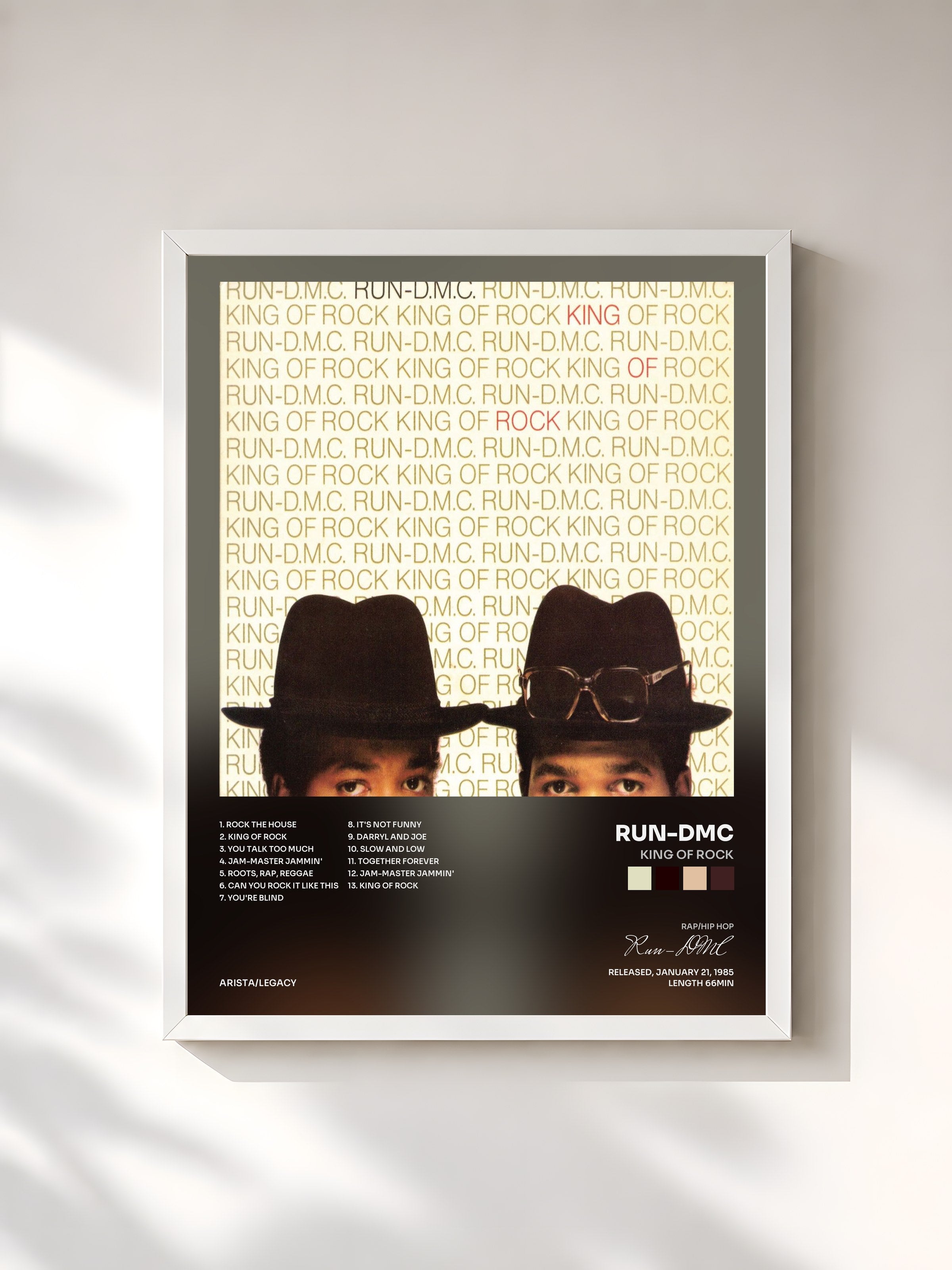 #blanc Tableau de l'album King Of Rock de Run-DMC, cadre blanc, imprimé et encadré en France