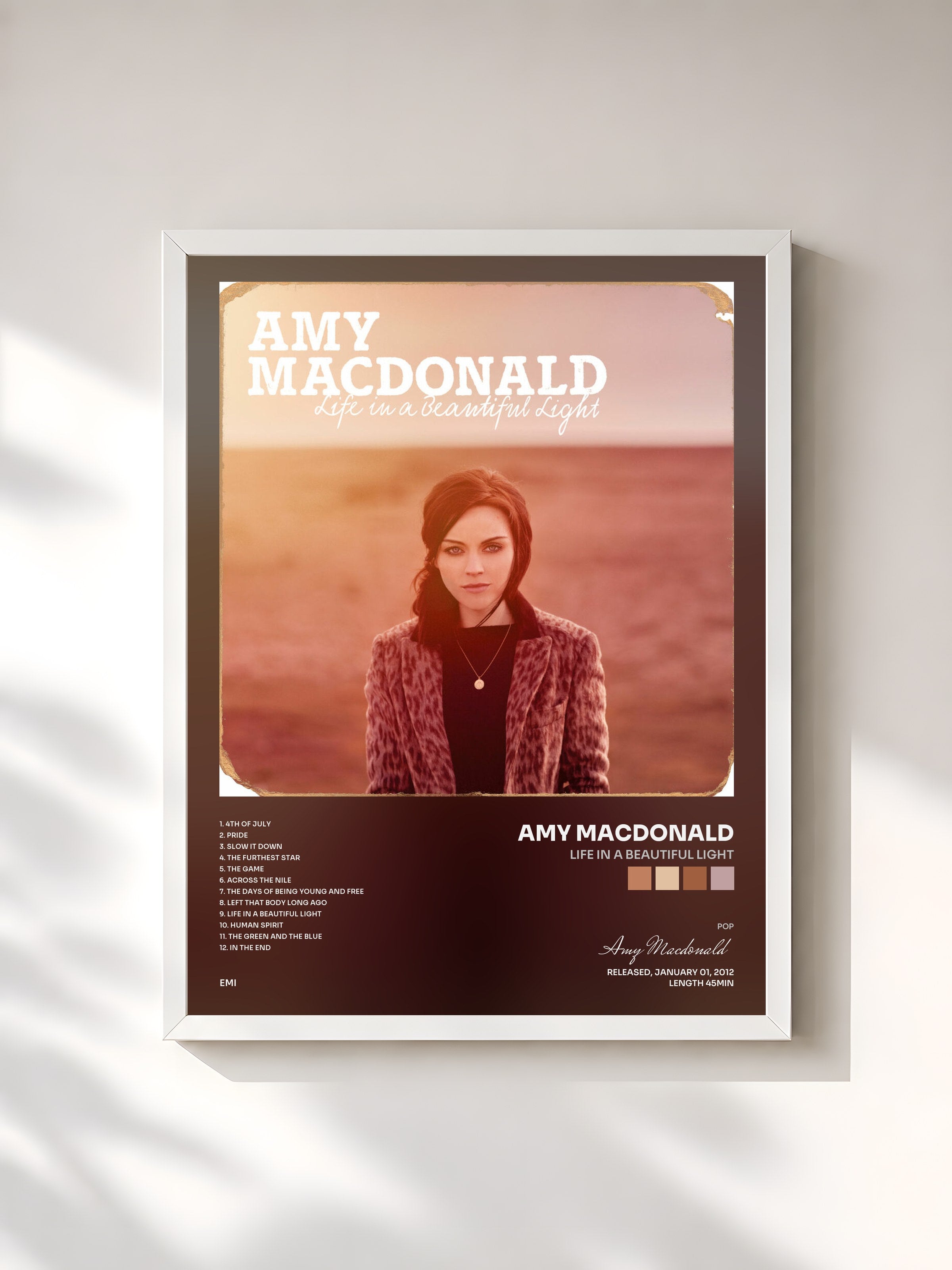#blanc Tableau de l'album Life In A Beautiful Light de Amy Macdonald, cadre blanc, imprimé et encadré en France