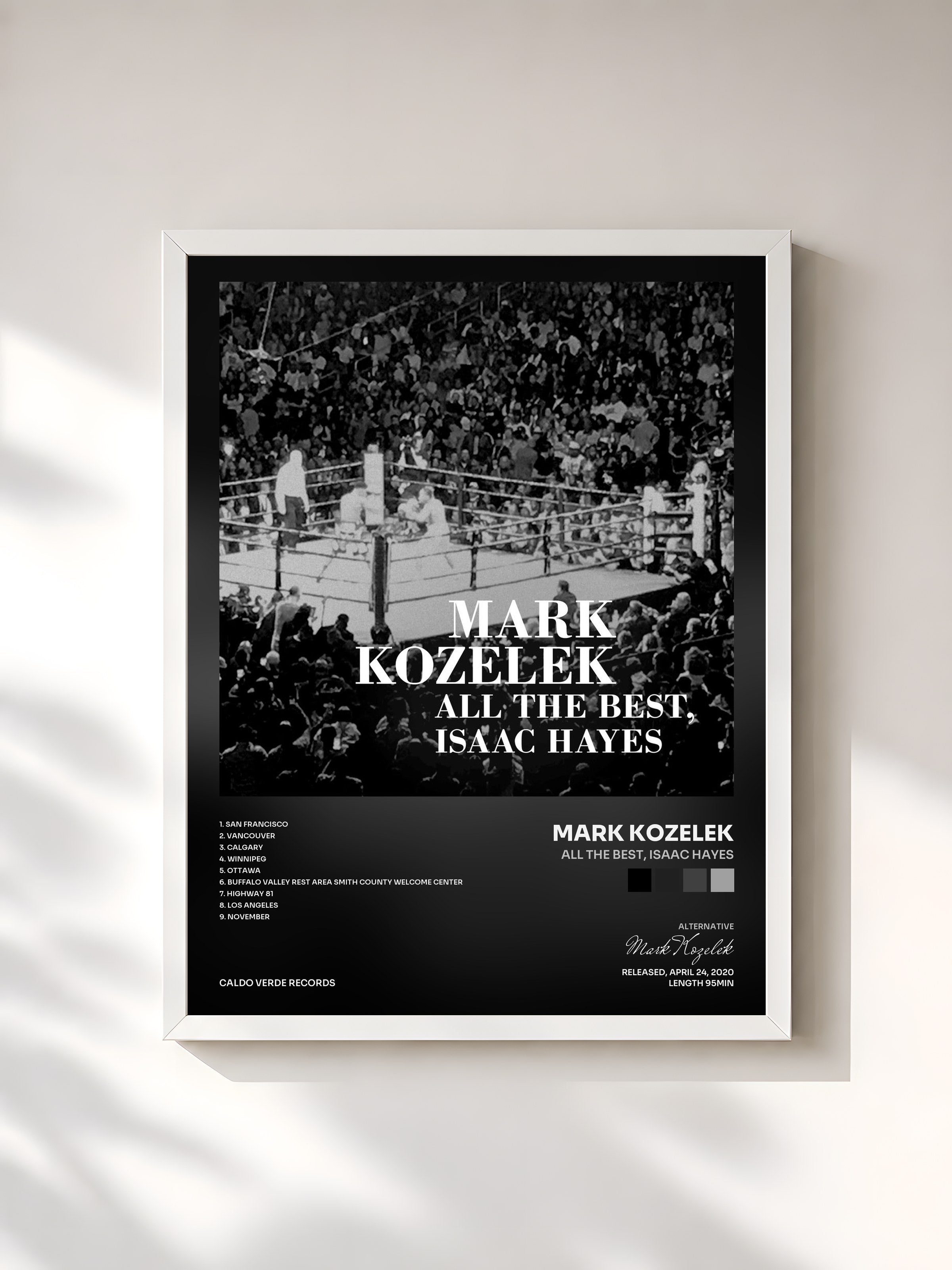 #blanc Tableau de l'album All the Best, Isaac Hayes de Mark Kozelek, cadre blanc, imprimé et encadré en France