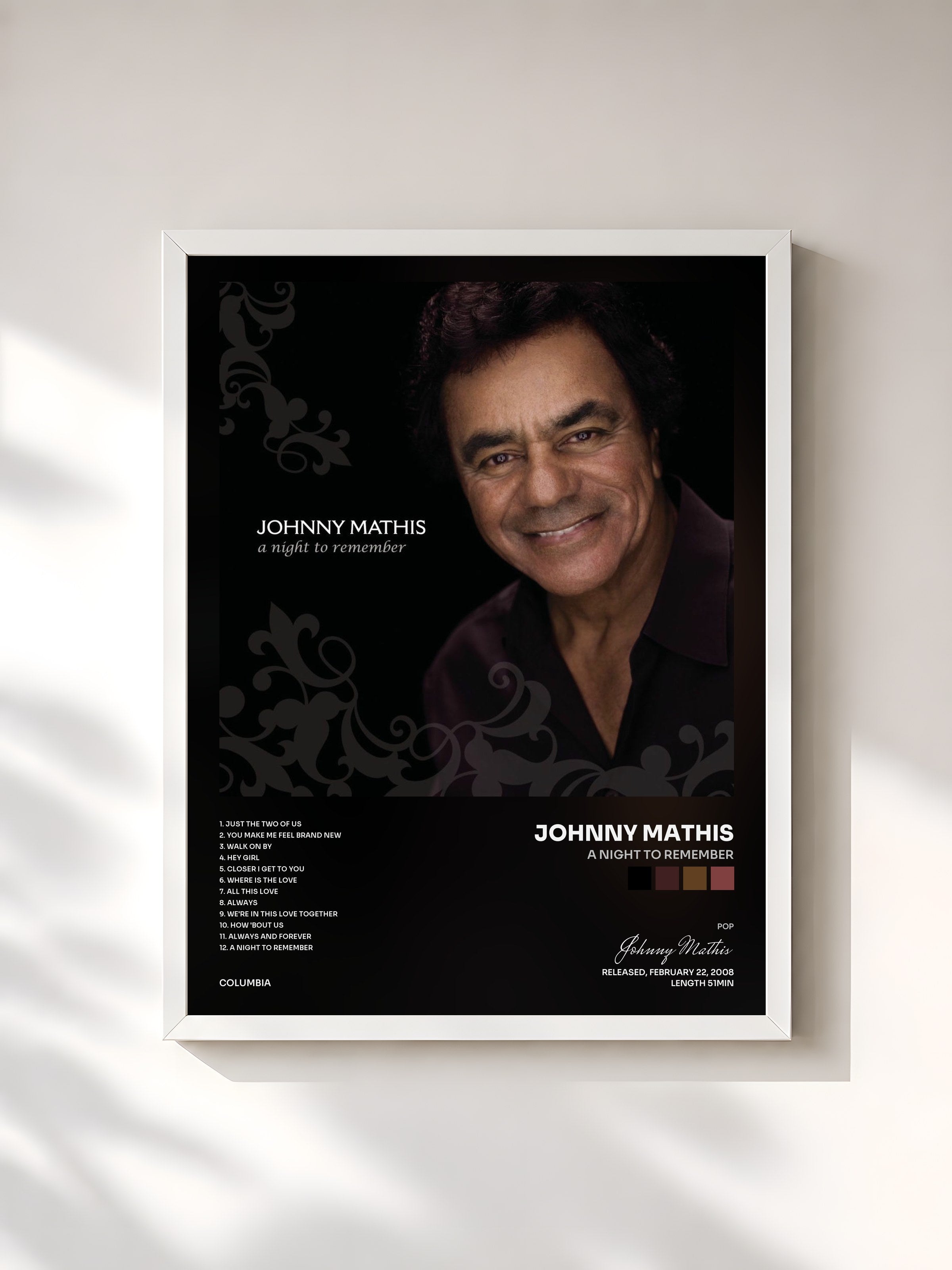 #blanc Tableau de l'album A Night To Remember de Johnny Mathis, cadre blanc, imprimé et encadré en France
