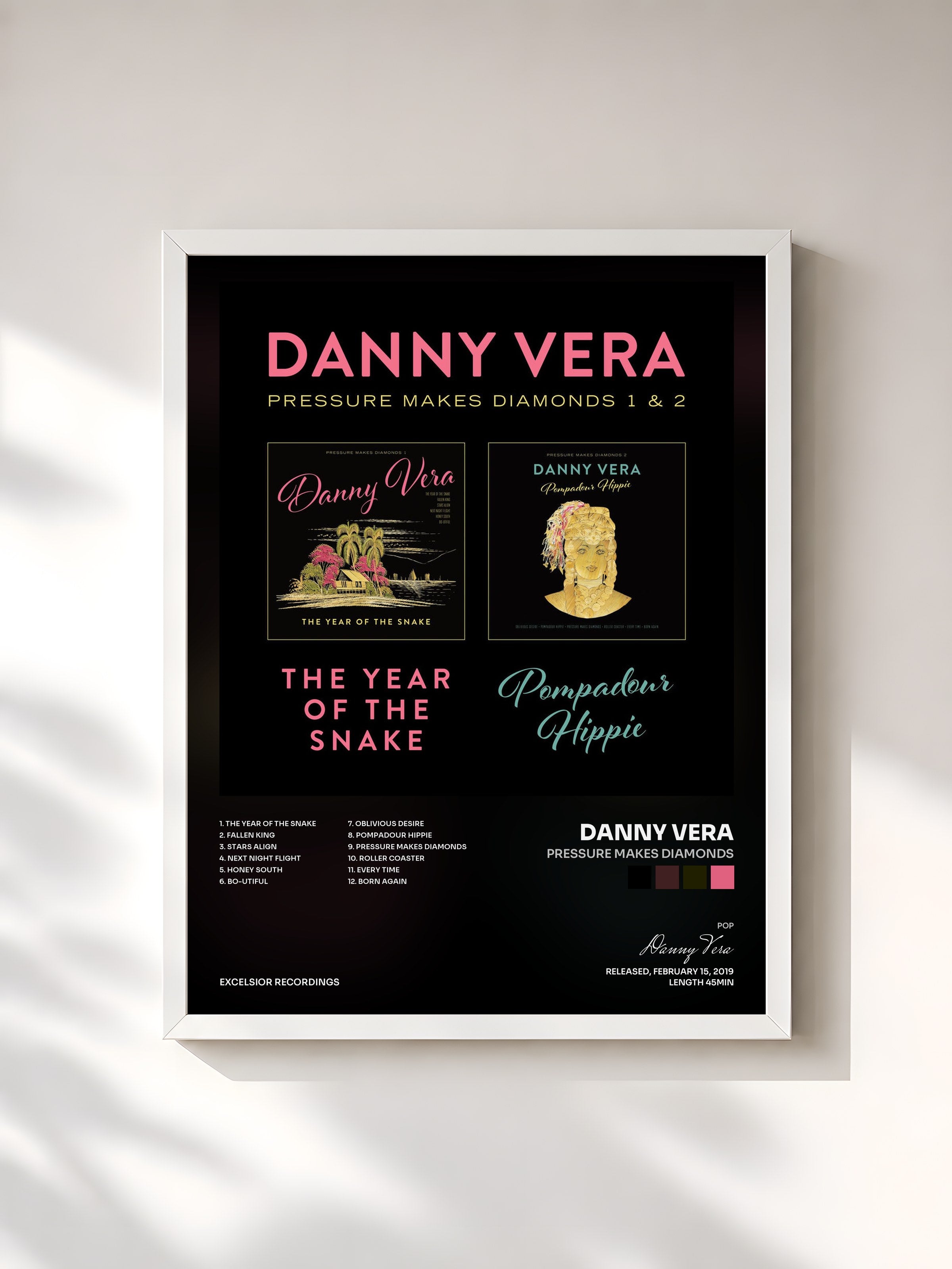 #blanc Tableau de l'album Pressure Makes Diamonds de Danny Vera, cadre blanc, imprimé et encadré en France
