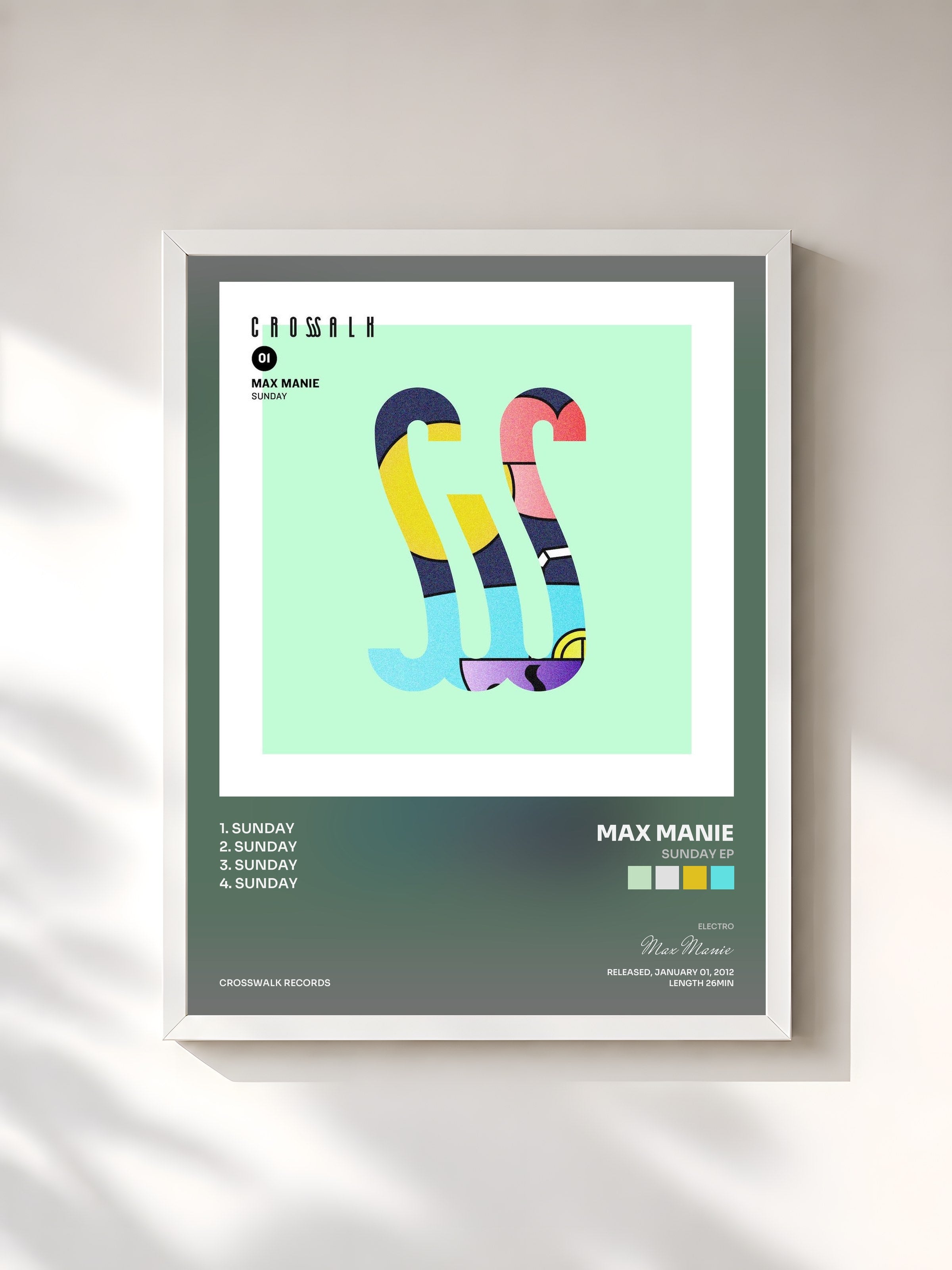 #blanc Tableau de l'album Sunday EP de Max Manie, cadre blanc, imprimé et encadré en France