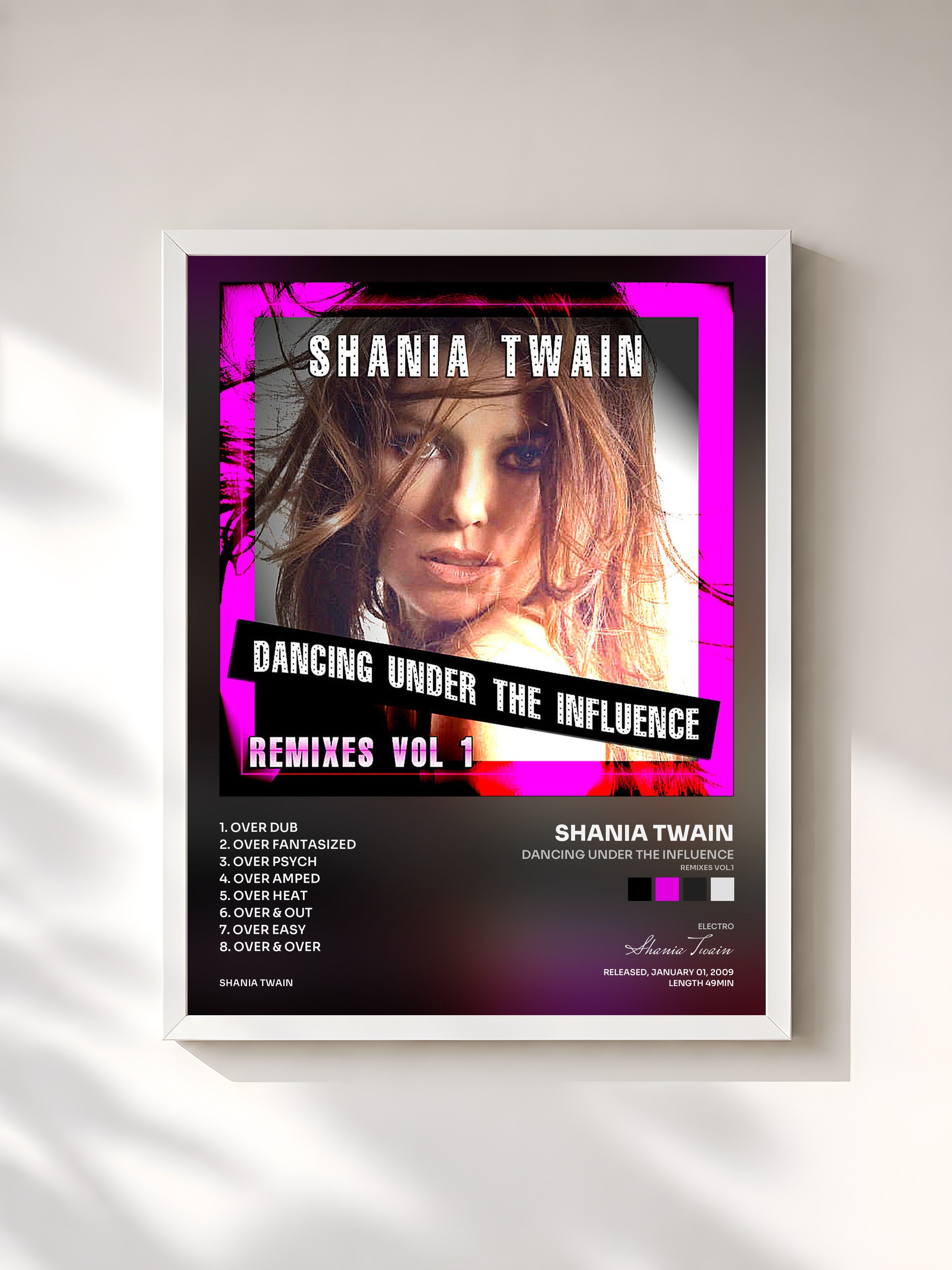 #blanc Tableau de l'album Dancing Under the Influence (Remixes Vol.1) de Shania Twain, cadre blanc, imprimé et encadré en France