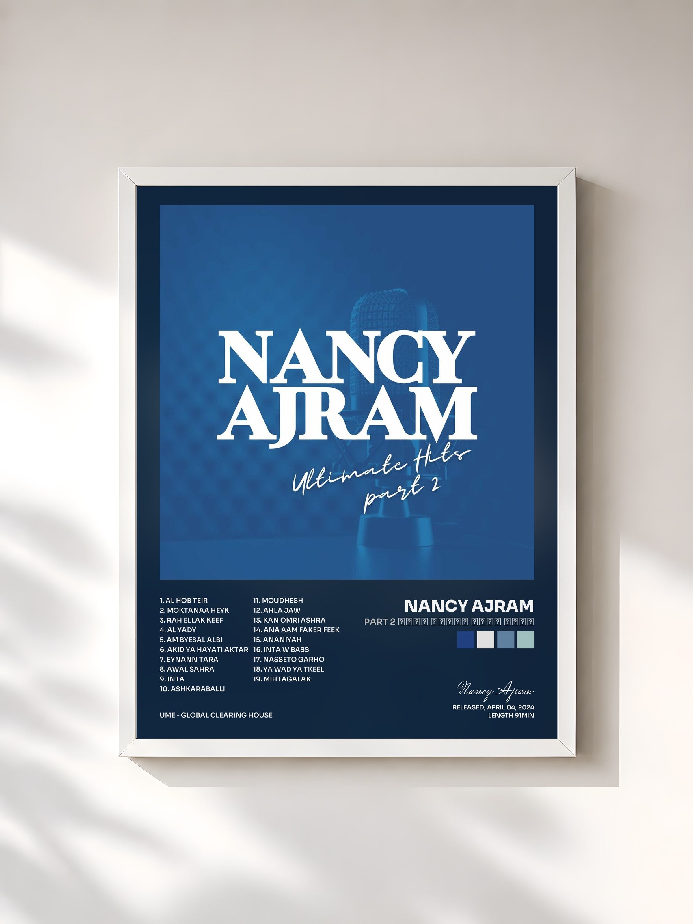 #blanc Tableau de l'album part 2 أشهر أغاني ننسي عجرم de Nancy Ajram, cadre blanc, imprimé et encadré en France