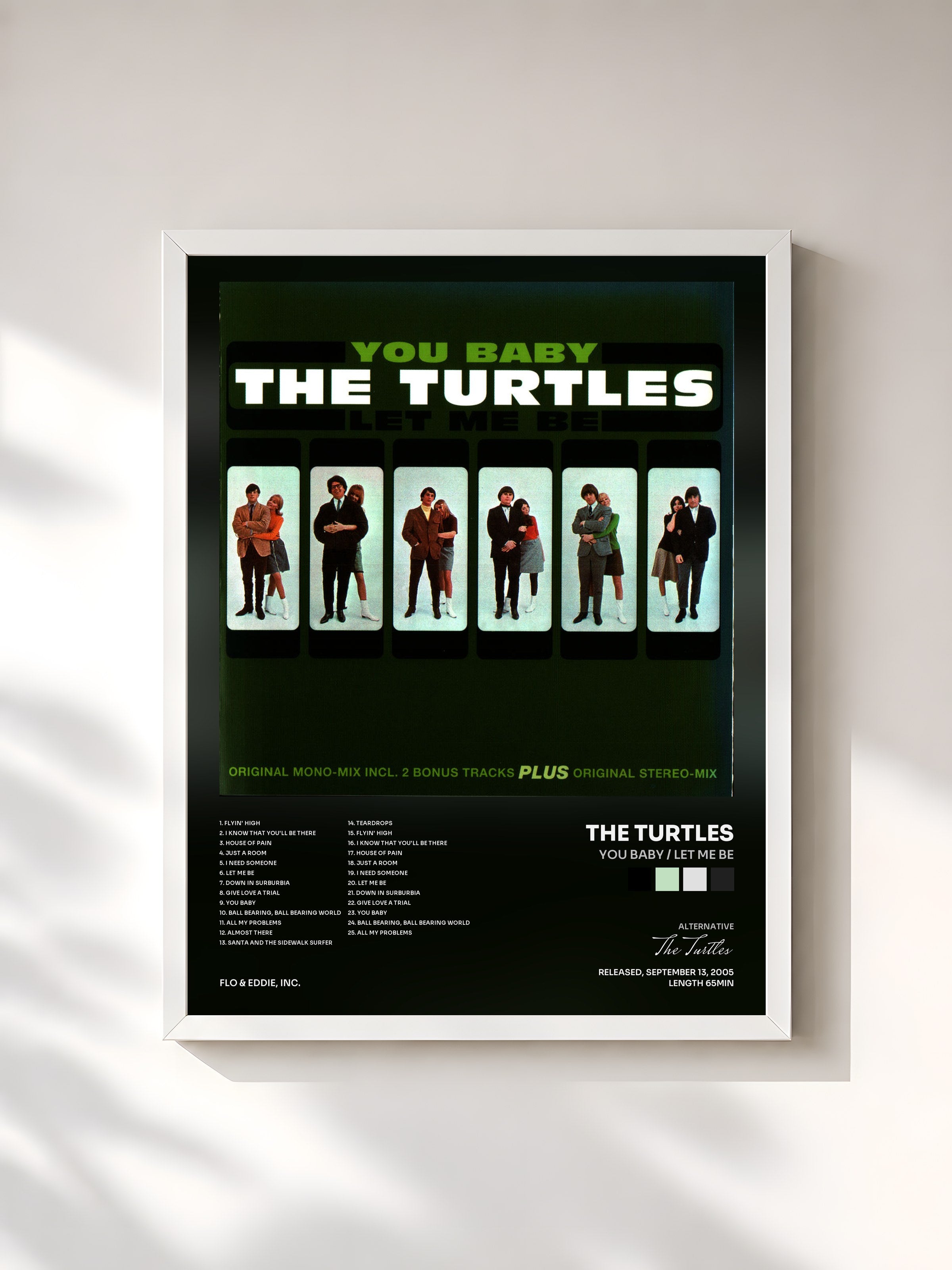 #blanc Tableau de l'album You Baby / Let Me Be de The Turtles, cadre blanc, imprimé et encadré en France