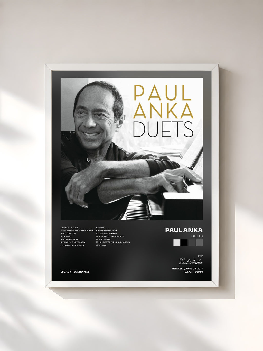 #blanc Tableau de l'album Duets de Paul Anka, cadre blanc, imprimé et encadré en France