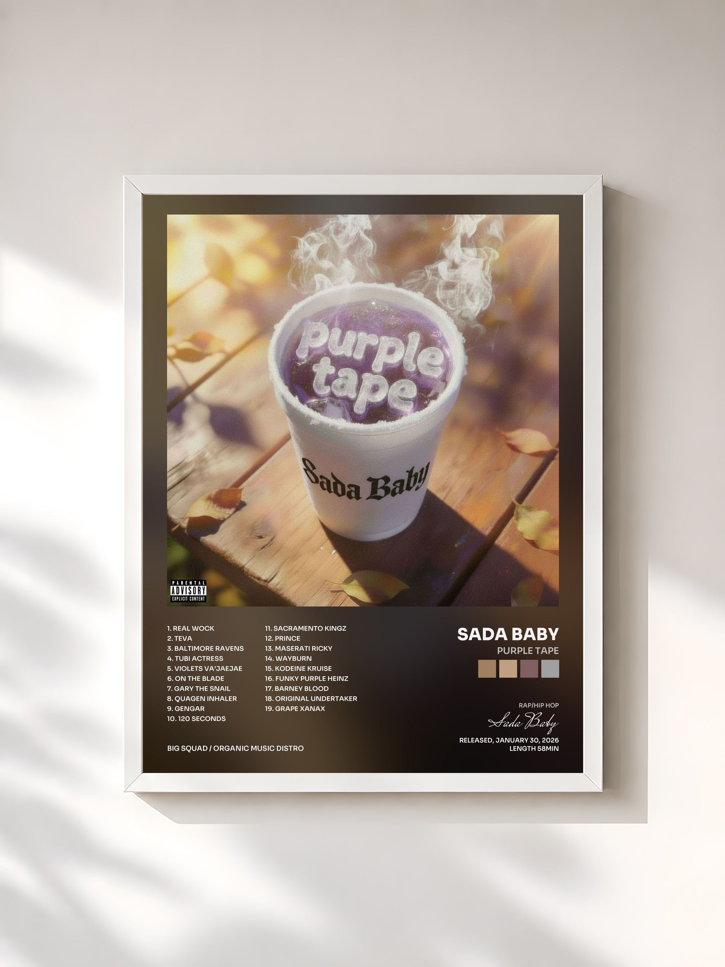#blanc Tableau de l'album Purple Tape de Sada Baby, cadre blanc, imprimé et encadré en France