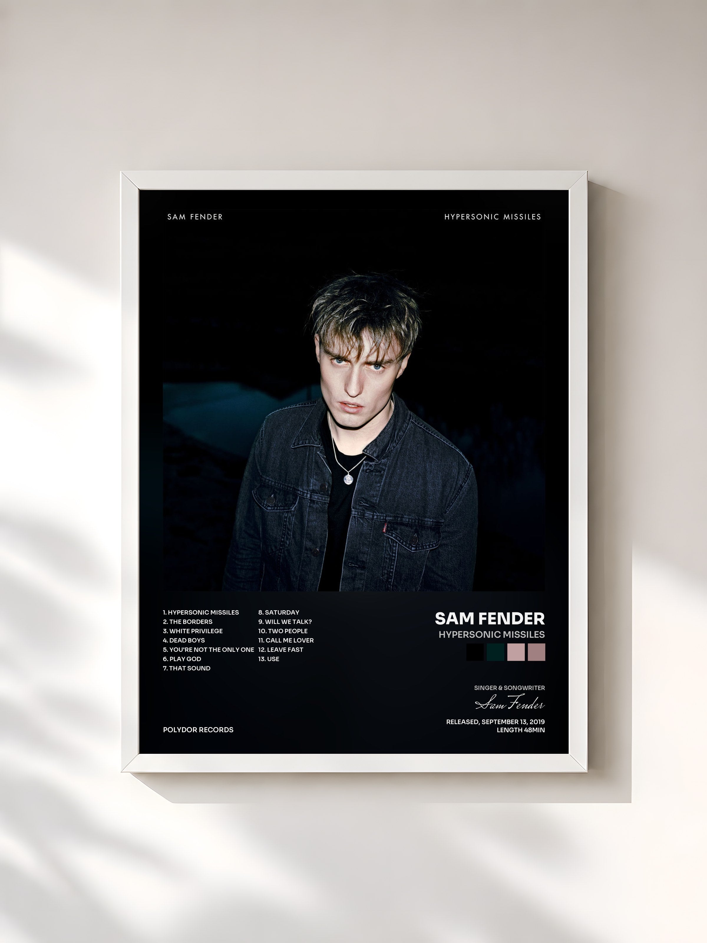 #blanc Tableau de l'album Hypersonic Missiles de Sam Fender, cadre blanc, imprimé et encadré en France