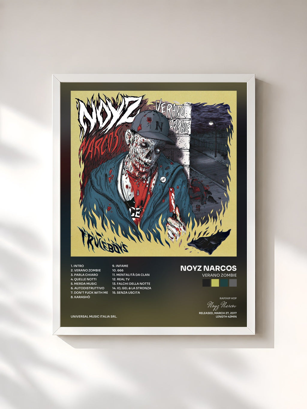 #blanc Verano Zombie de Noyz Narcos en lámina enmarcada, marco blanco, impresa y enmarcada en Francia