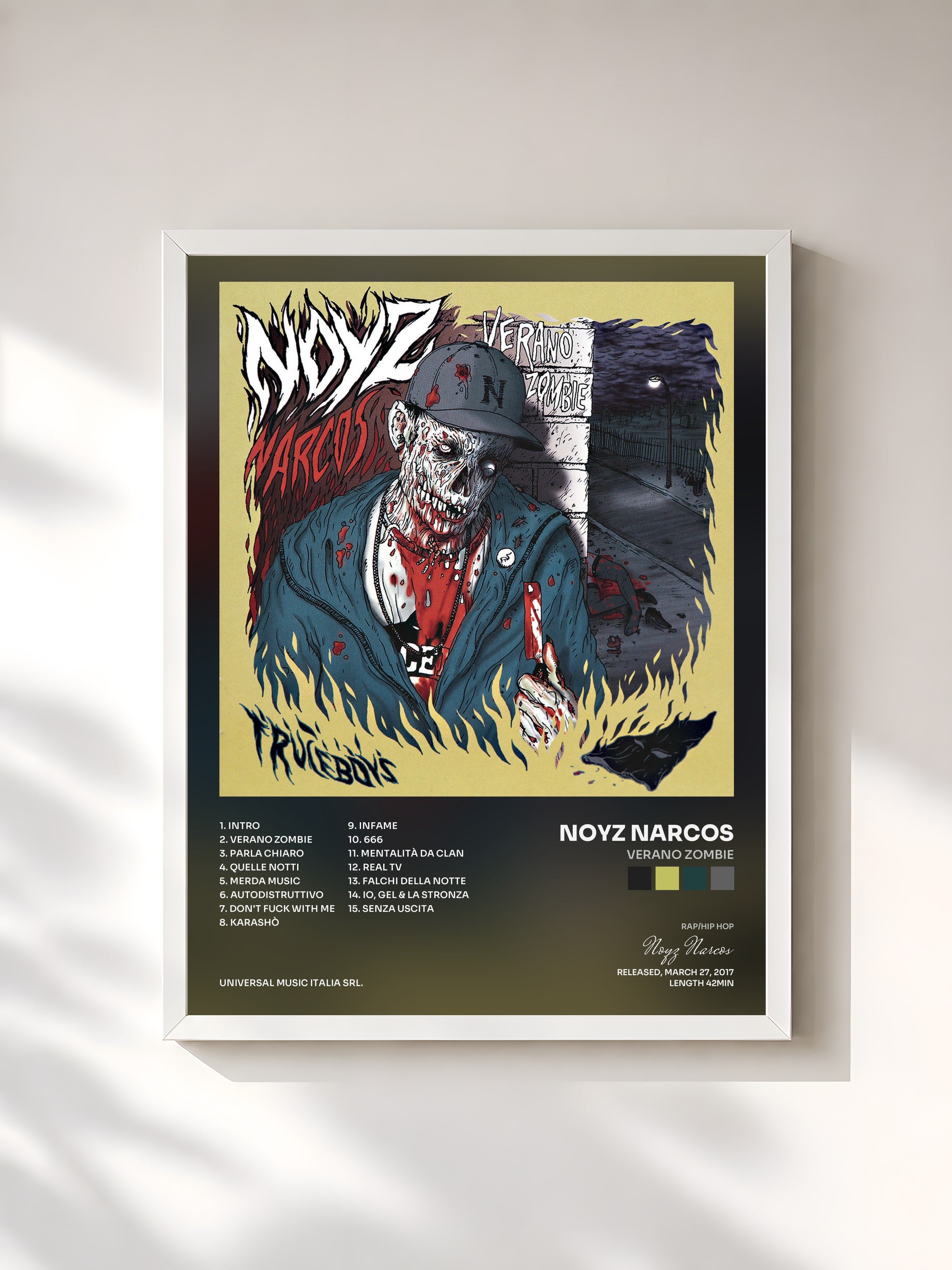 #blanc Tableau de l'album Verano Zombie de Noyz Narcos, cadre blanc, imprimé et encadré en France