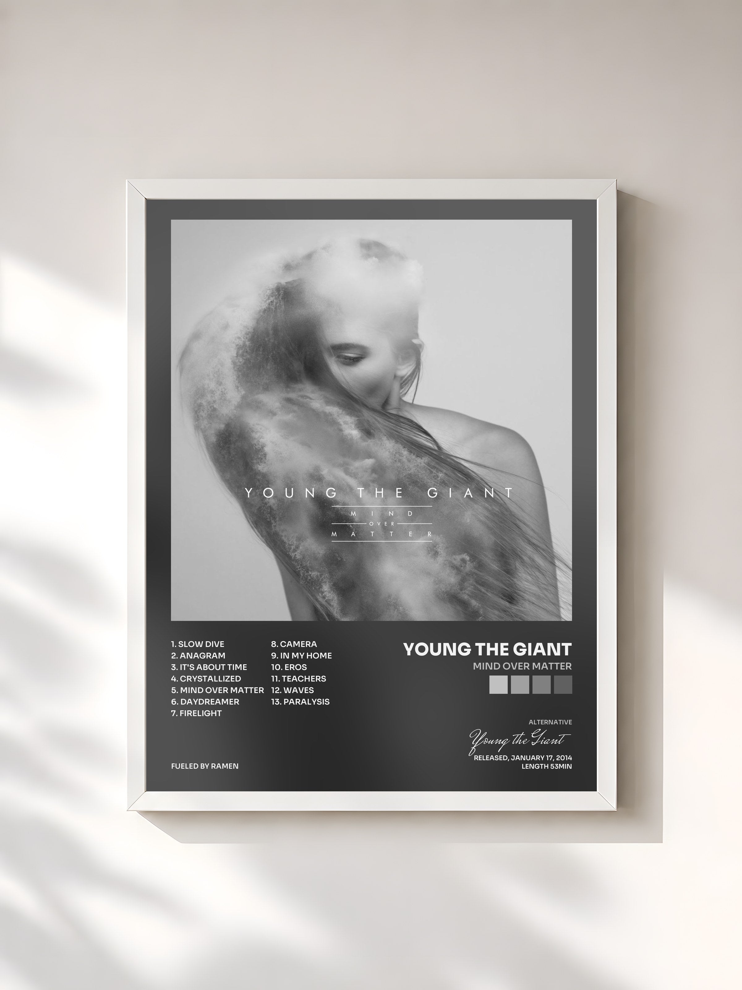 #blanc Tableau de l'album Mind Over Matter de Young the Giant, cadre blanc, imprimé et encadré en France