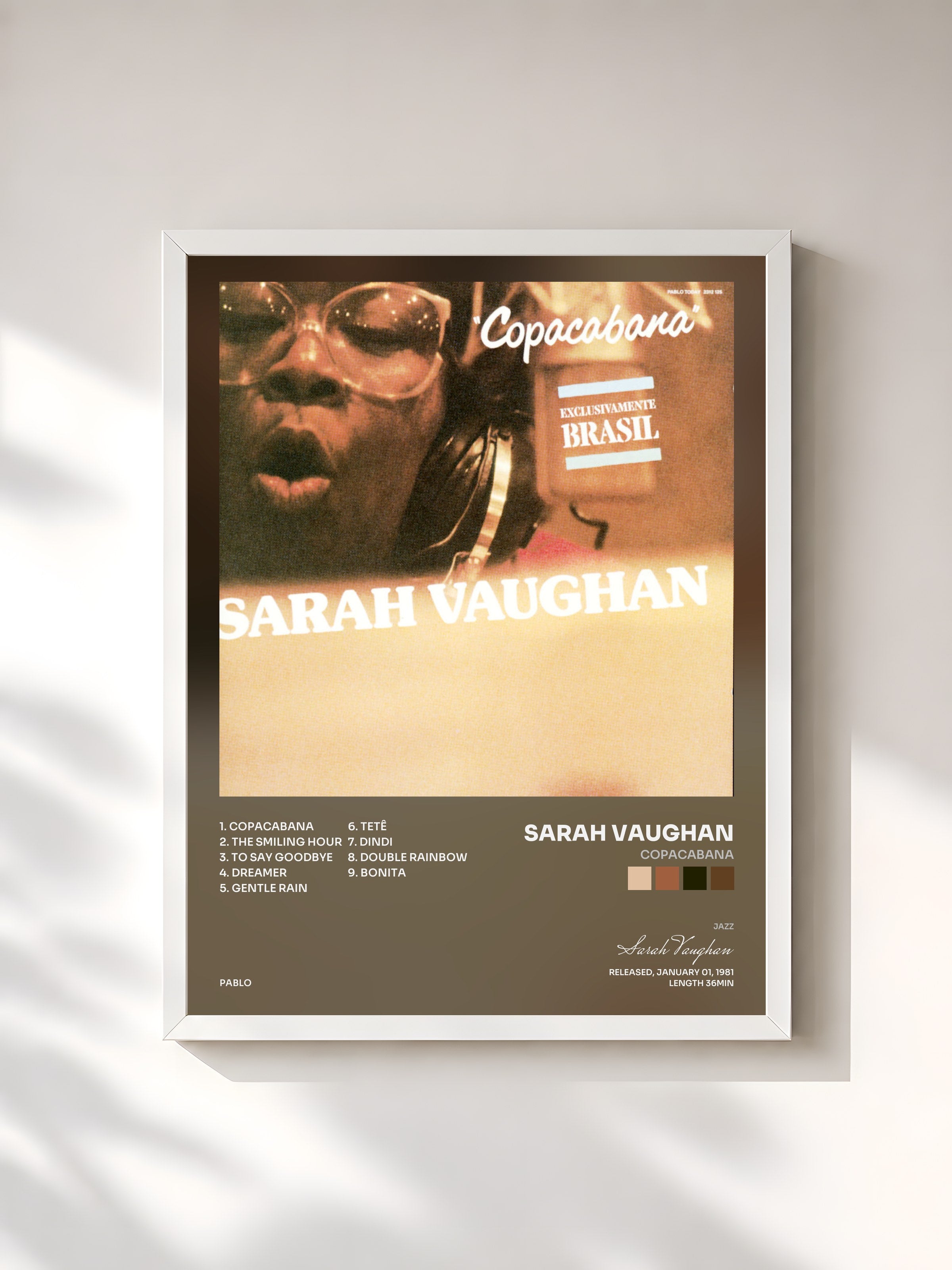 #blanc Tableau de l'album Copacabana de Sarah Vaughan, cadre blanc, imprimé et encadré en France