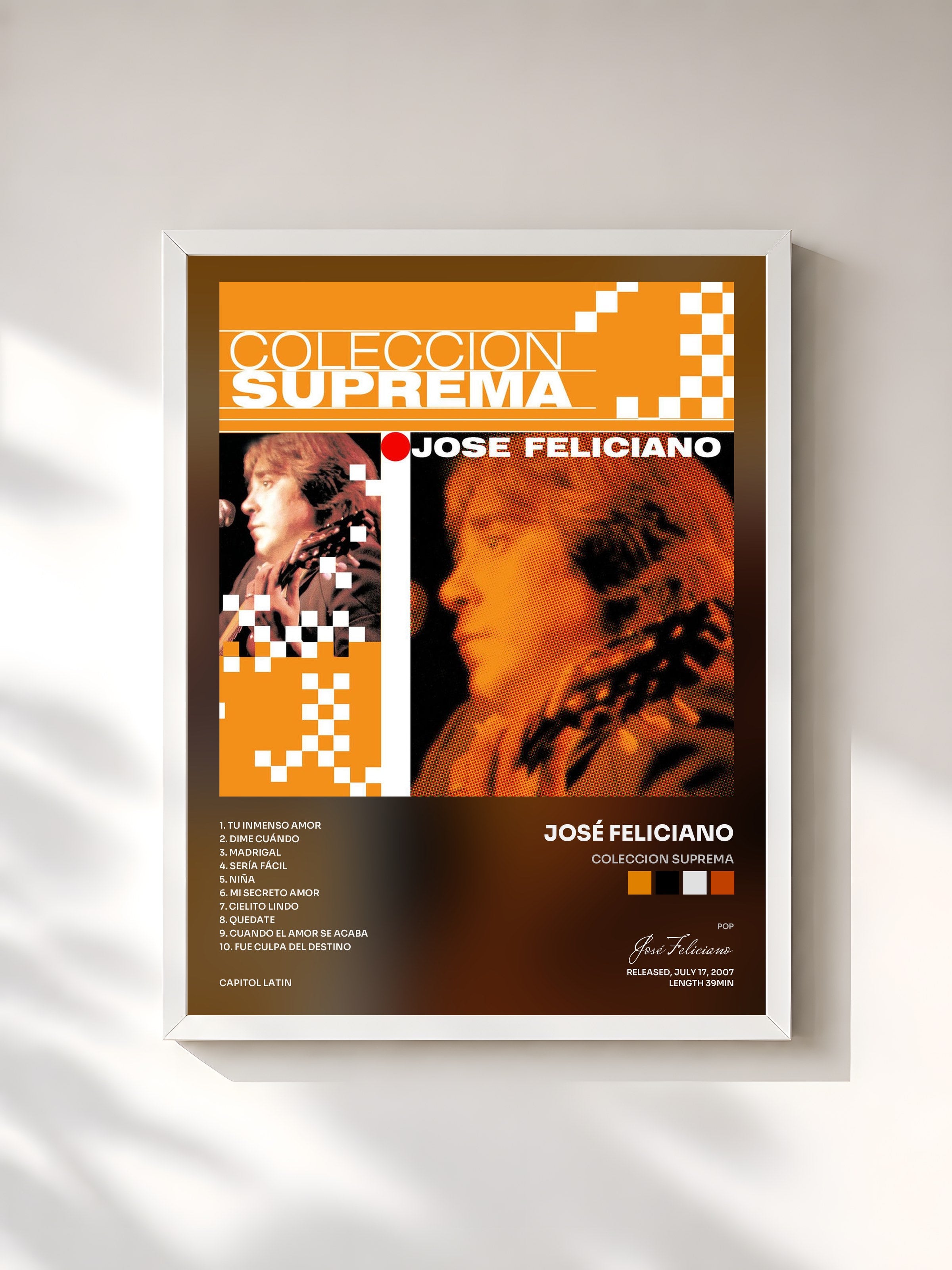 #blanc Tableau de l'album Coleccion Suprema de José Feliciano, cadre blanc, imprimé et encadré en France