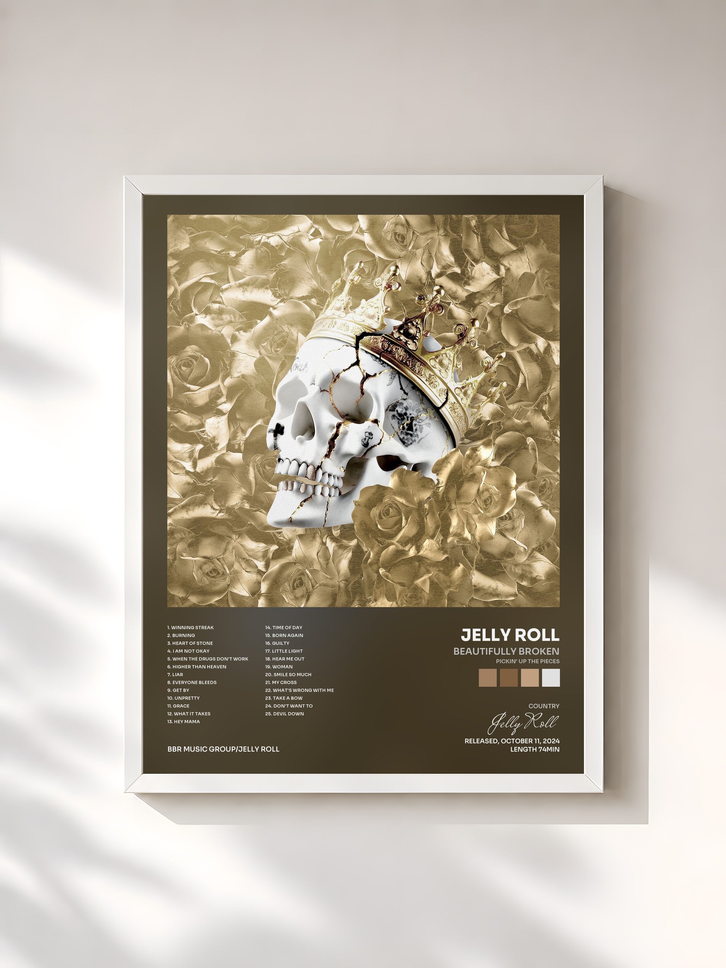 #blanc Tableau de l'album Beautifully Broken (Pickin’ Up The Pieces) de Jelly Roll, cadre blanc, imprimé et encadré en France