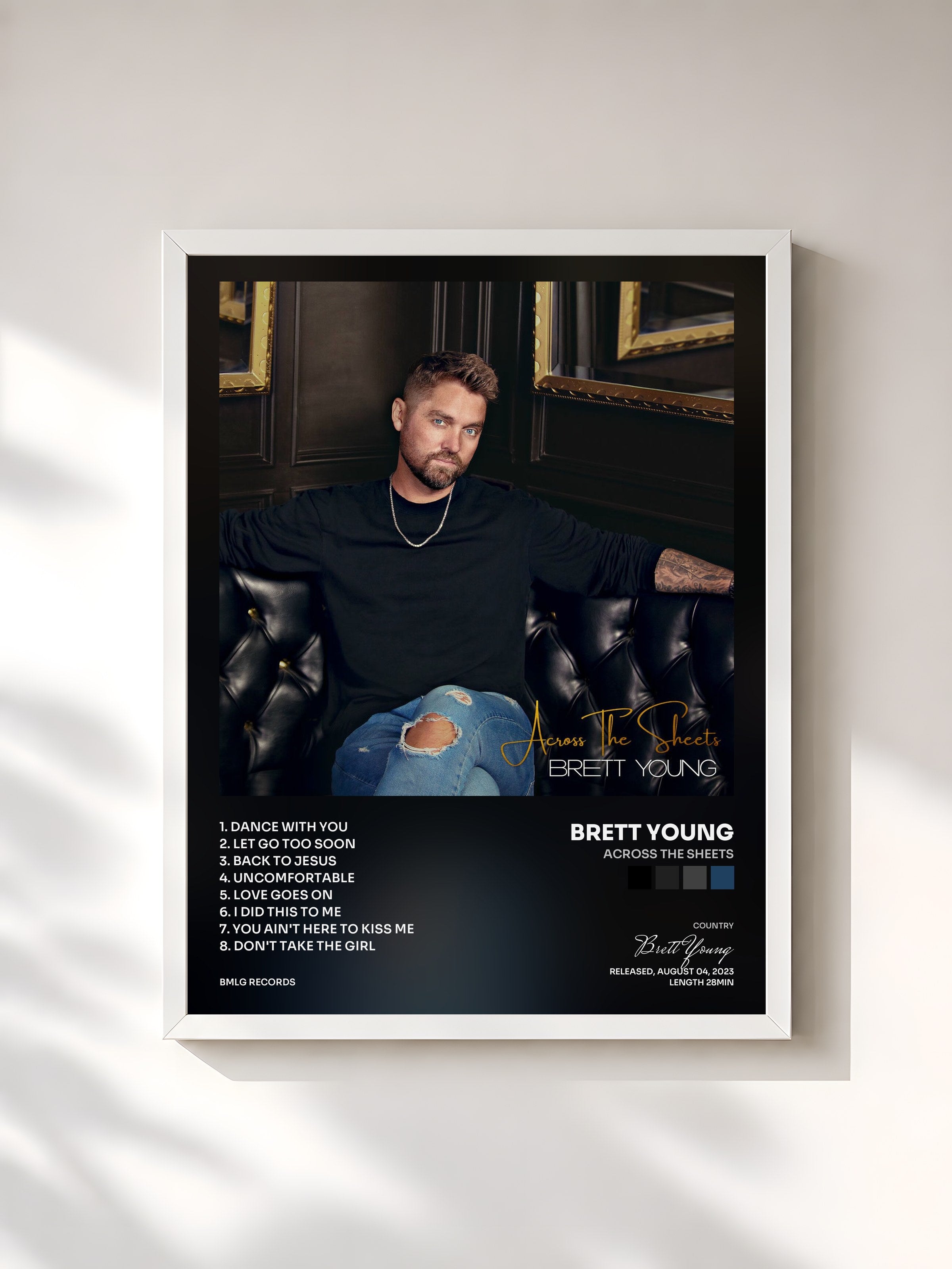 #blanc Tableau de l'album Across The Sheets de Brett Young, cadre blanc, imprimé et encadré en France