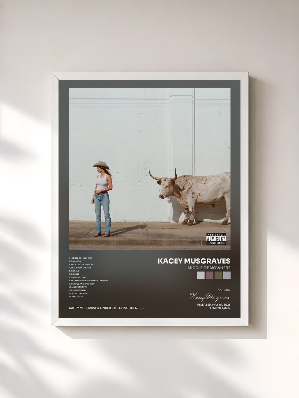 #blanc Middle of Nowhere de Kacey Musgraves en lámina enmarcada, marco blanco, impresa y enmarcada en Francia