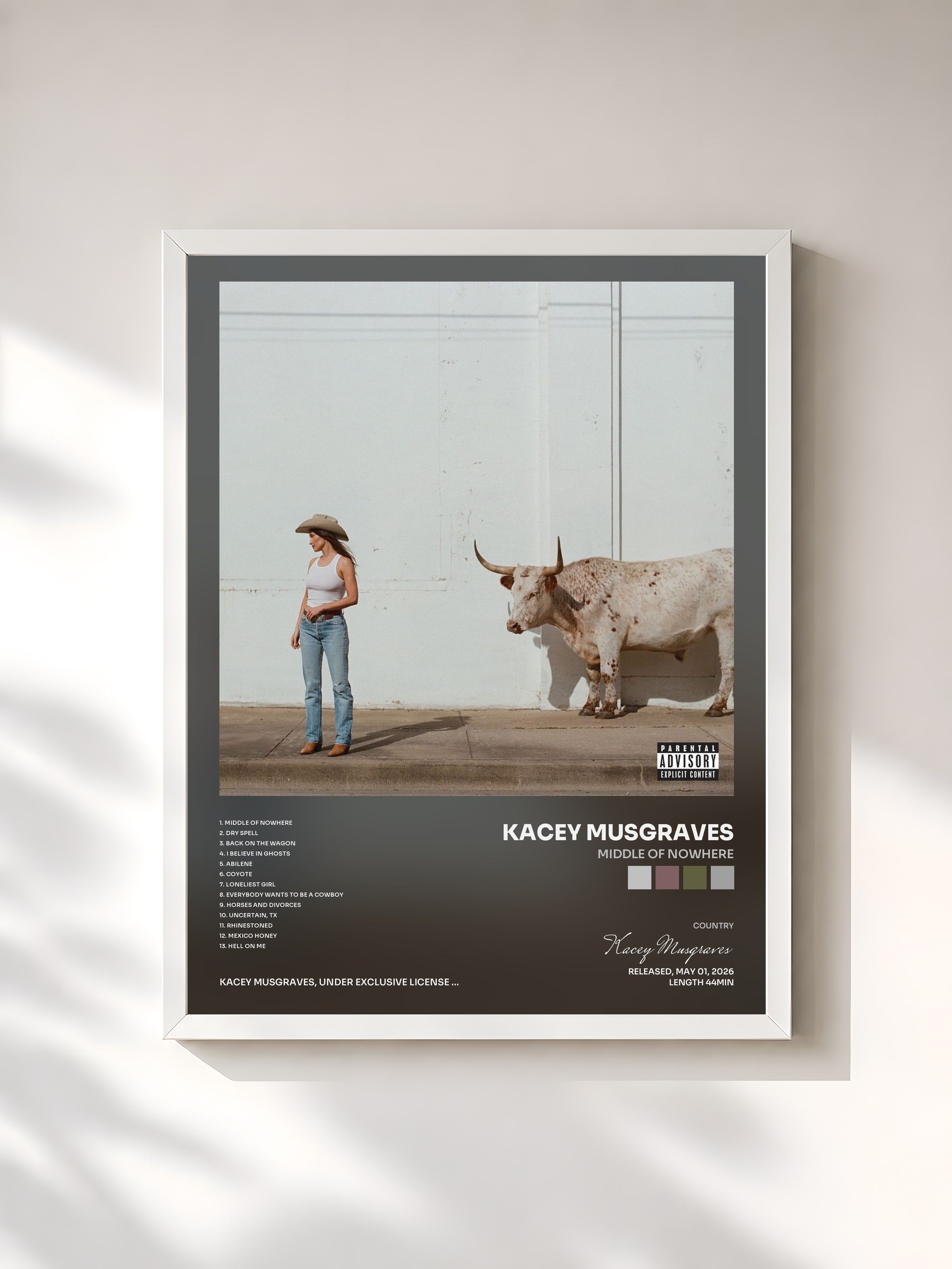 #blanc Tableau de l'album Middle of Nowhere de Kacey Musgraves, cadre blanc, imprimé et encadré en France
