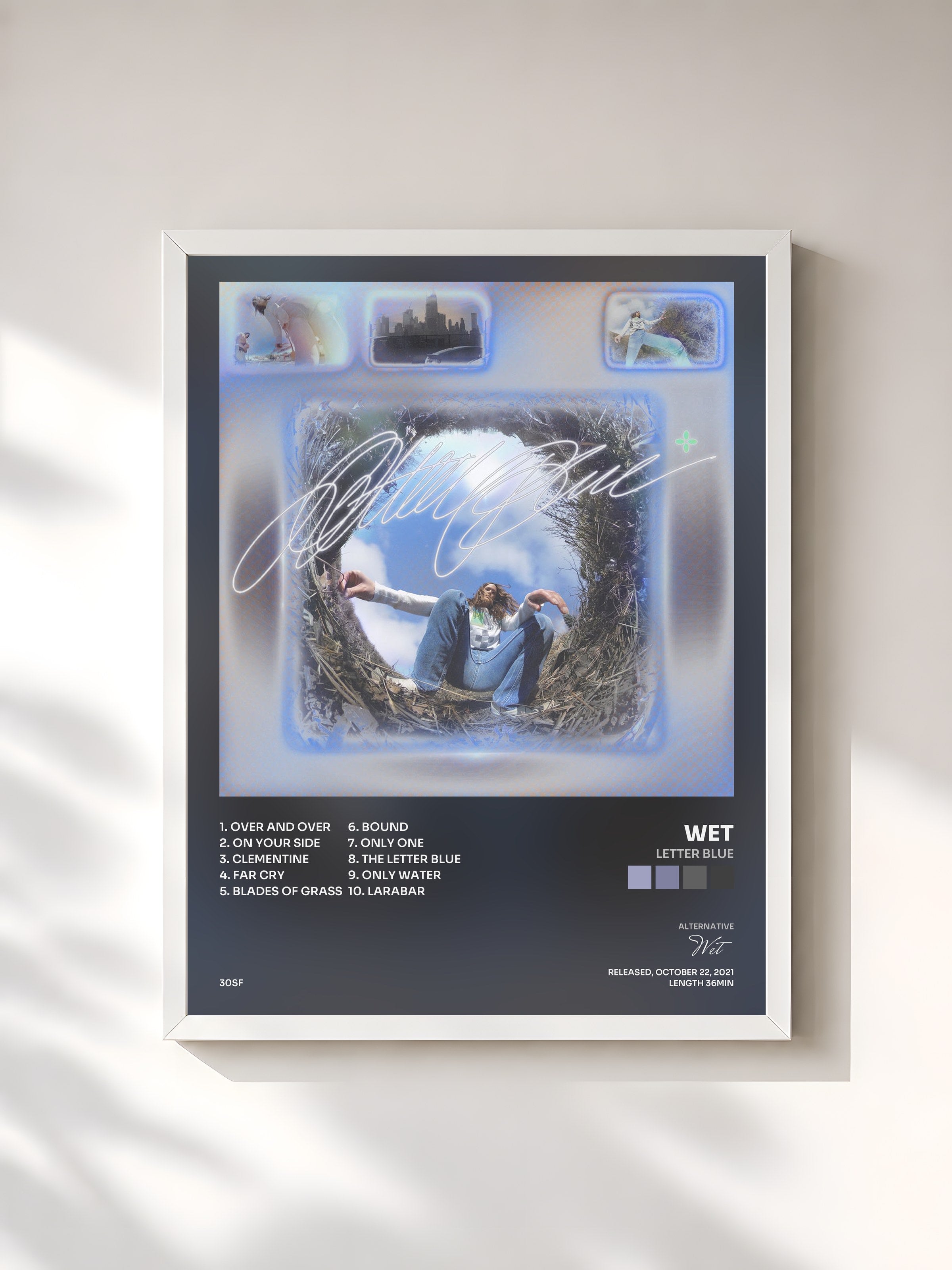 #blanc Tableau de l'album Letter Blue de Wet, cadre blanc, imprimé et encadré en France