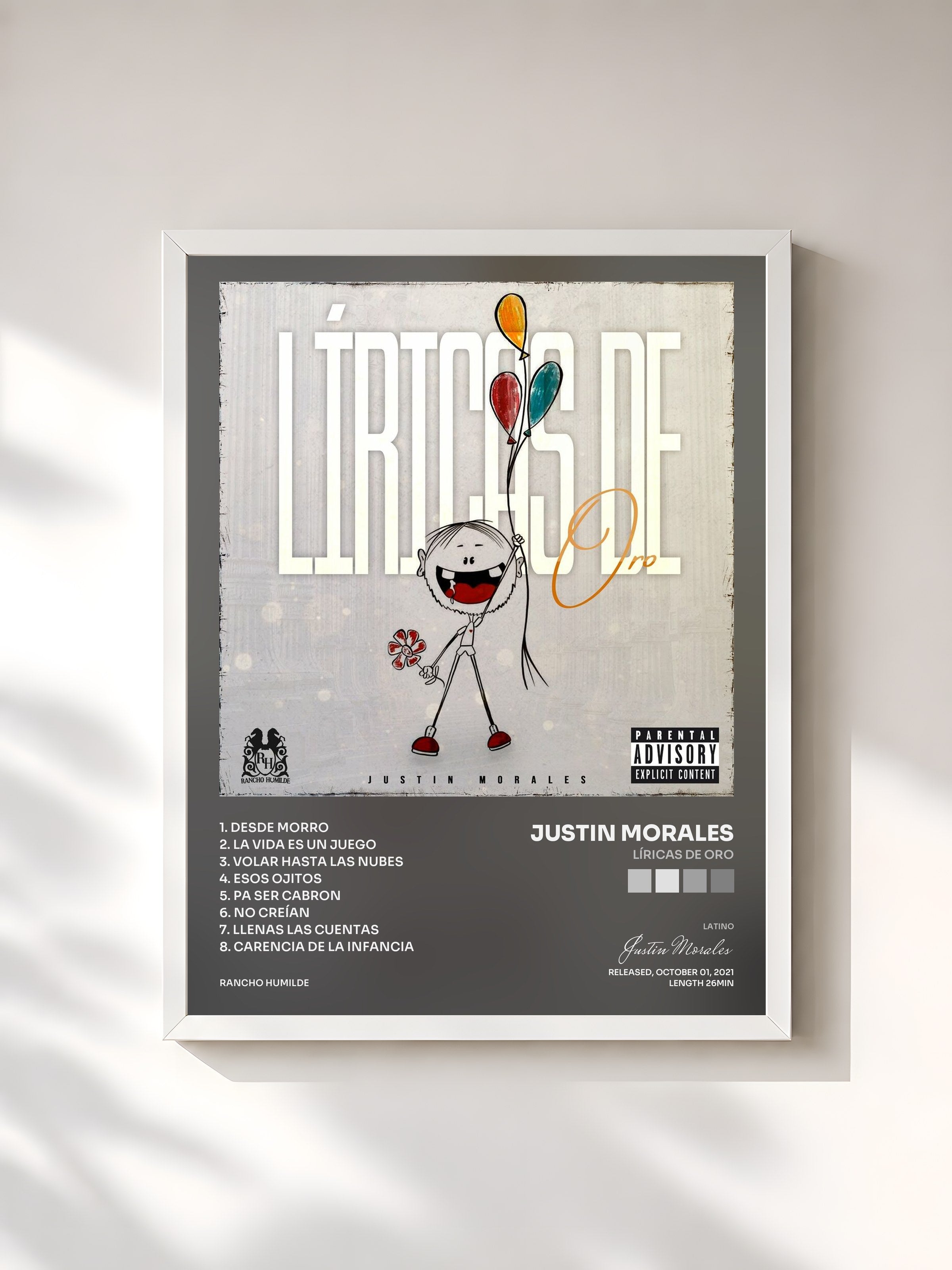 #blanc Tableau de l'album Líricas De Oro de Justin Morales, cadre blanc, imprimé et encadré en France