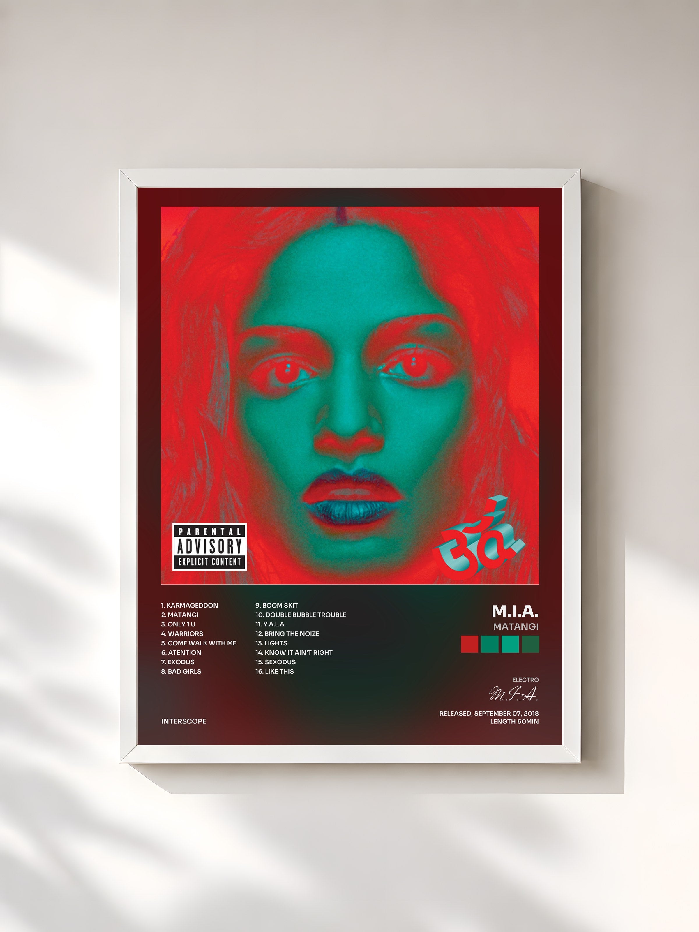 #blanc Tableau de l'album Matangi de M.I.A., cadre blanc, imprimé et encadré en France