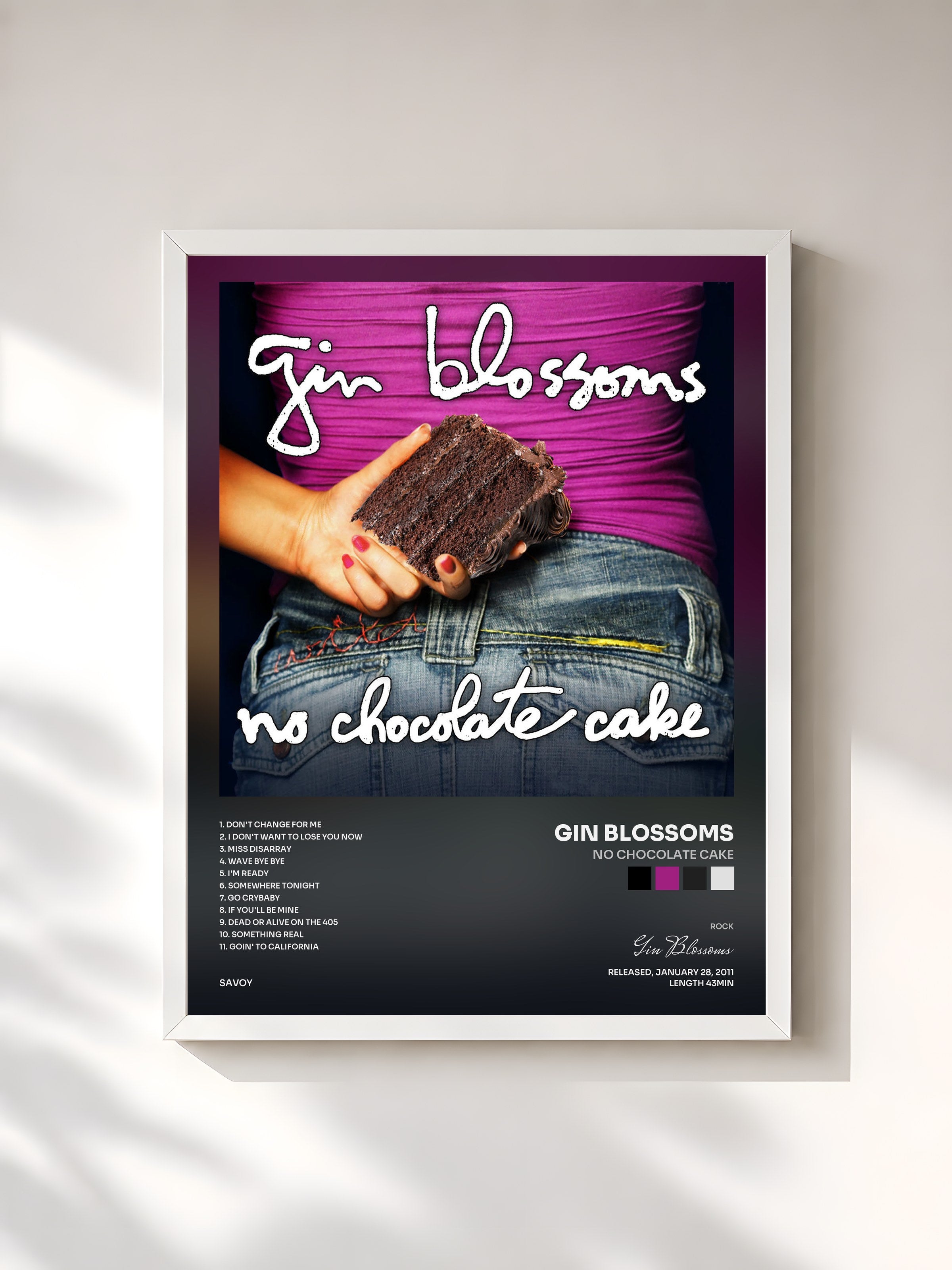 #blanc Tableau de l'album No Chocolate Cake de Gin Blossoms, cadre blanc, imprimé et encadré en France