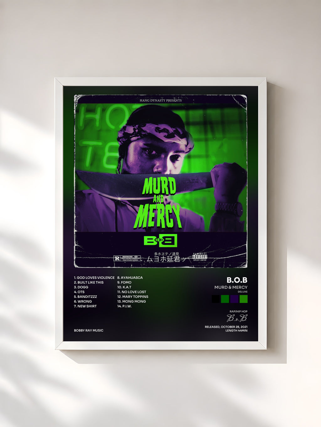 #blanc Tableau de l'album Murd & Mercy (Deluxe) de B.o.B, cadre blanc, imprimé et encadré en France