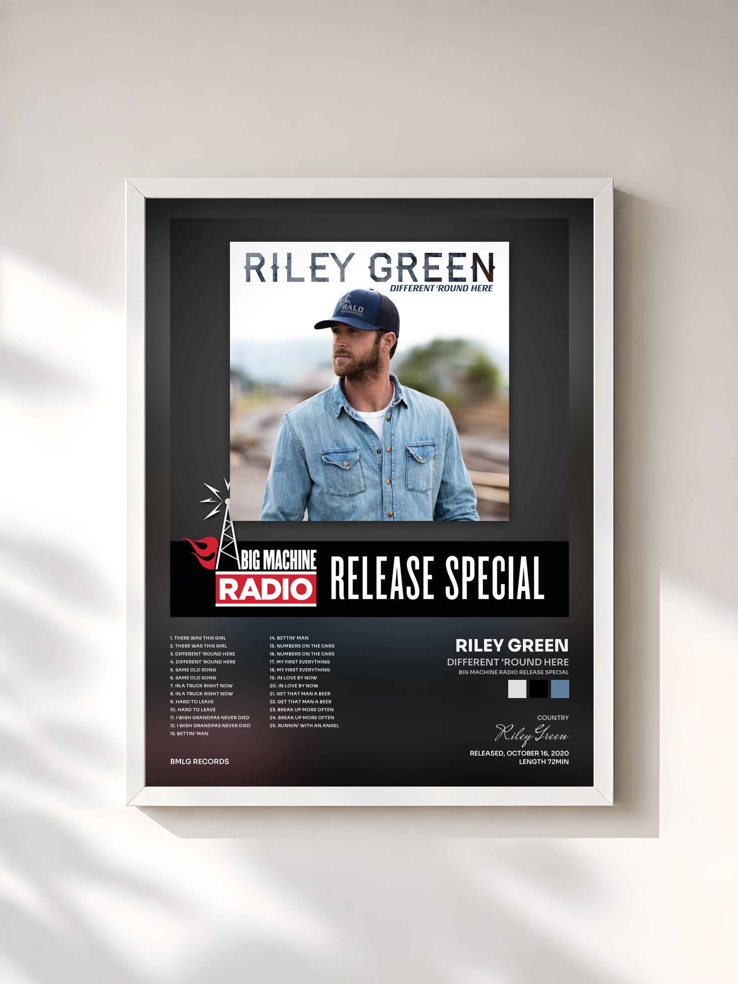 #blanc Tableau de l'album Different 'Round Here (Big Machine Radio Release Special) de Riley Green, cadre blanc, imprimé et encadré en France