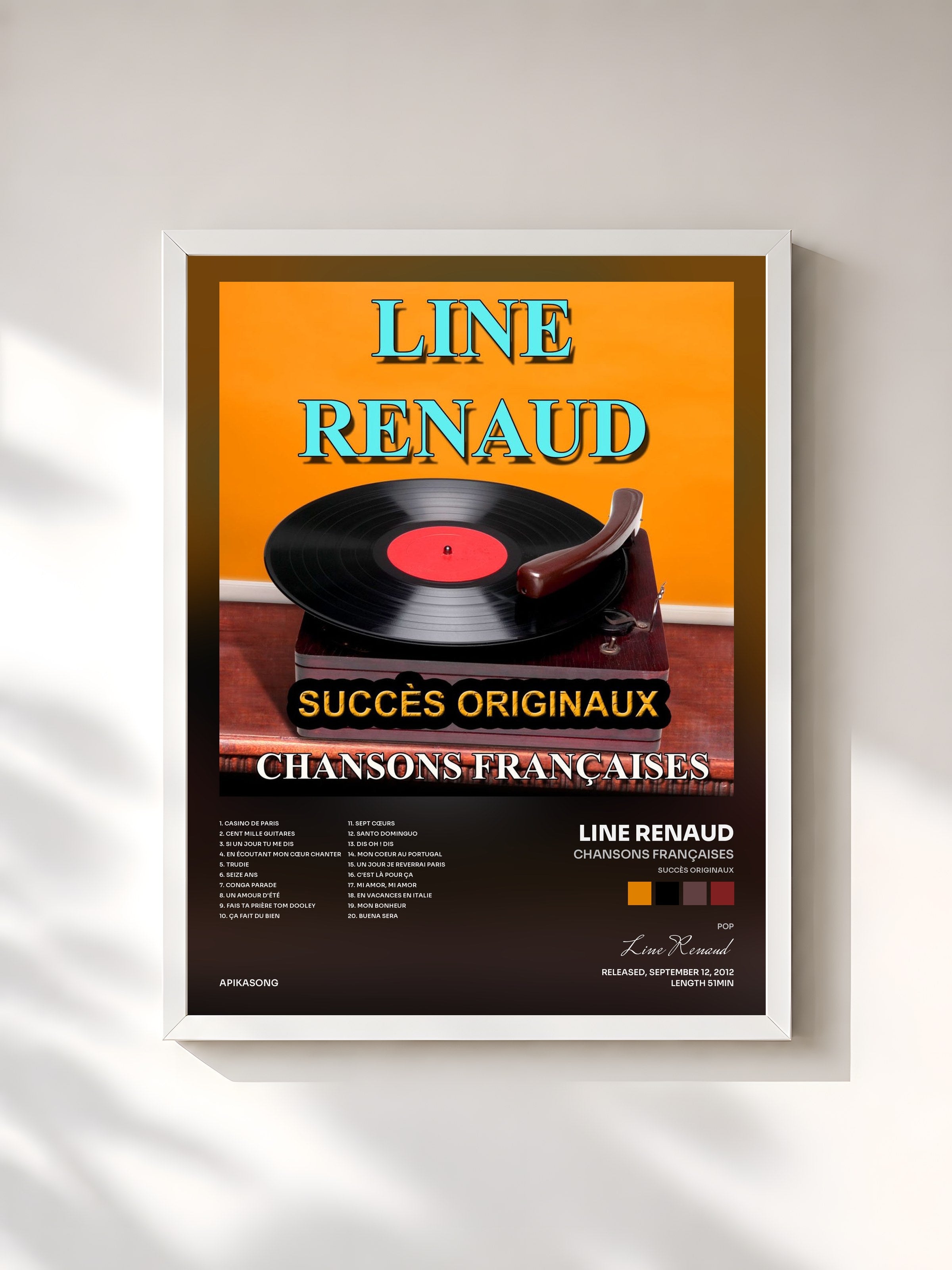 #blanc Tableau de l'album Chansons françaises (Succès originaux) de Line Renaud, cadre blanc, imprimé et encadré en France