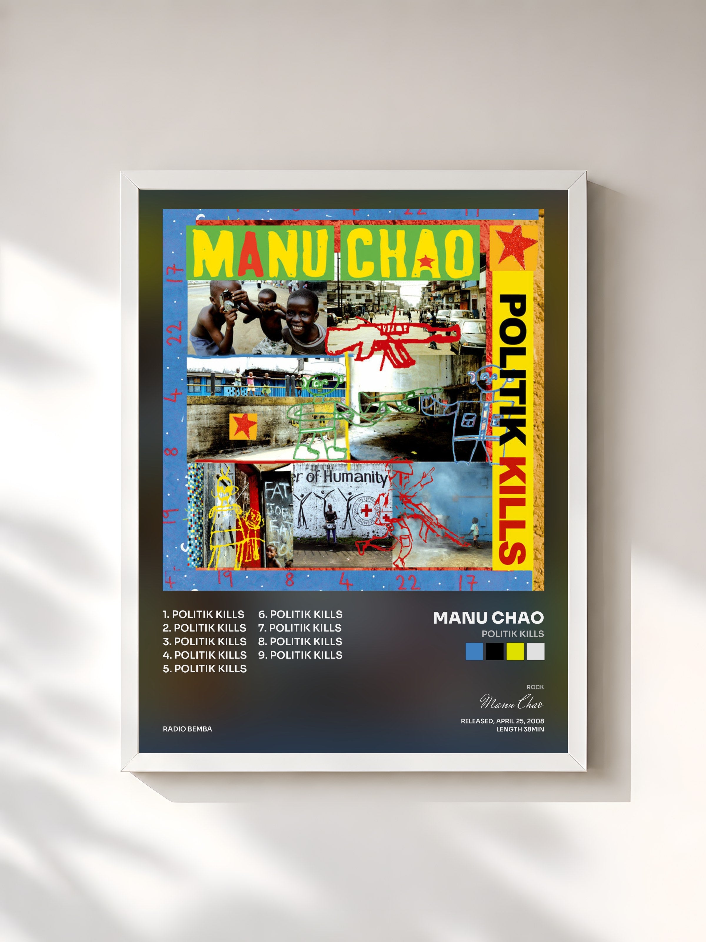 #blanc Tableau de l'album Politik Kills de Manu Chao, cadre blanc, imprimé et encadré en France