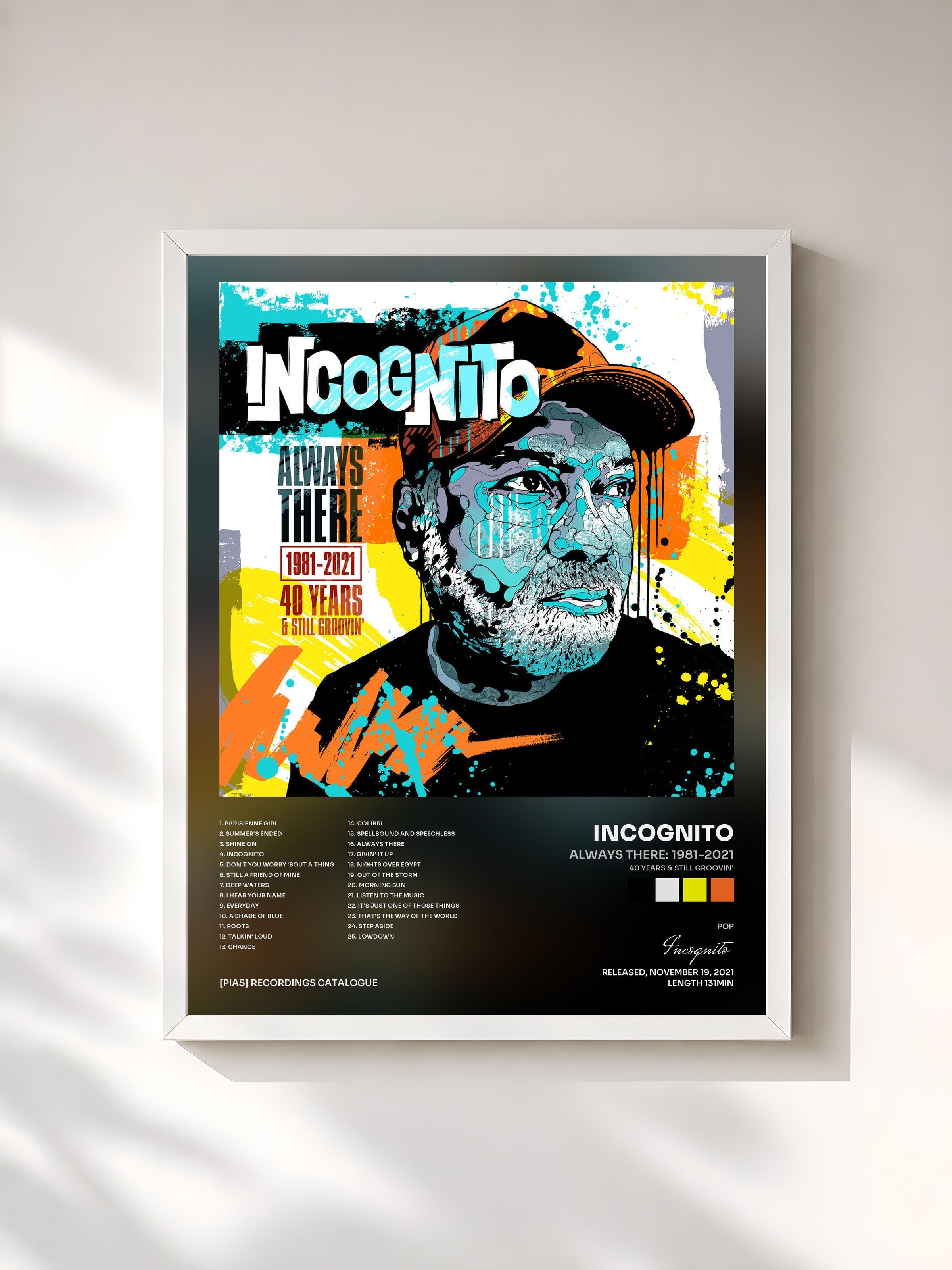 #blanc Tableau de l'album Always There: 1981-2021 (40 Years & Still Groovin') de Incognito, cadre blanc, imprimé et encadré en France