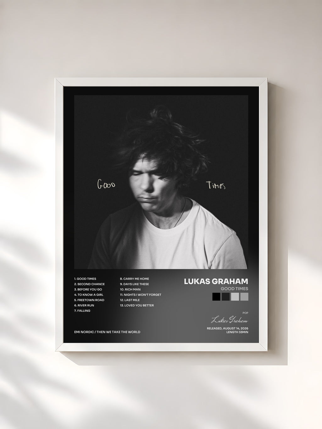 #blanc Tableau de l'album Good Times de Lukas Graham, cadre blanc, imprimé et encadré en France
