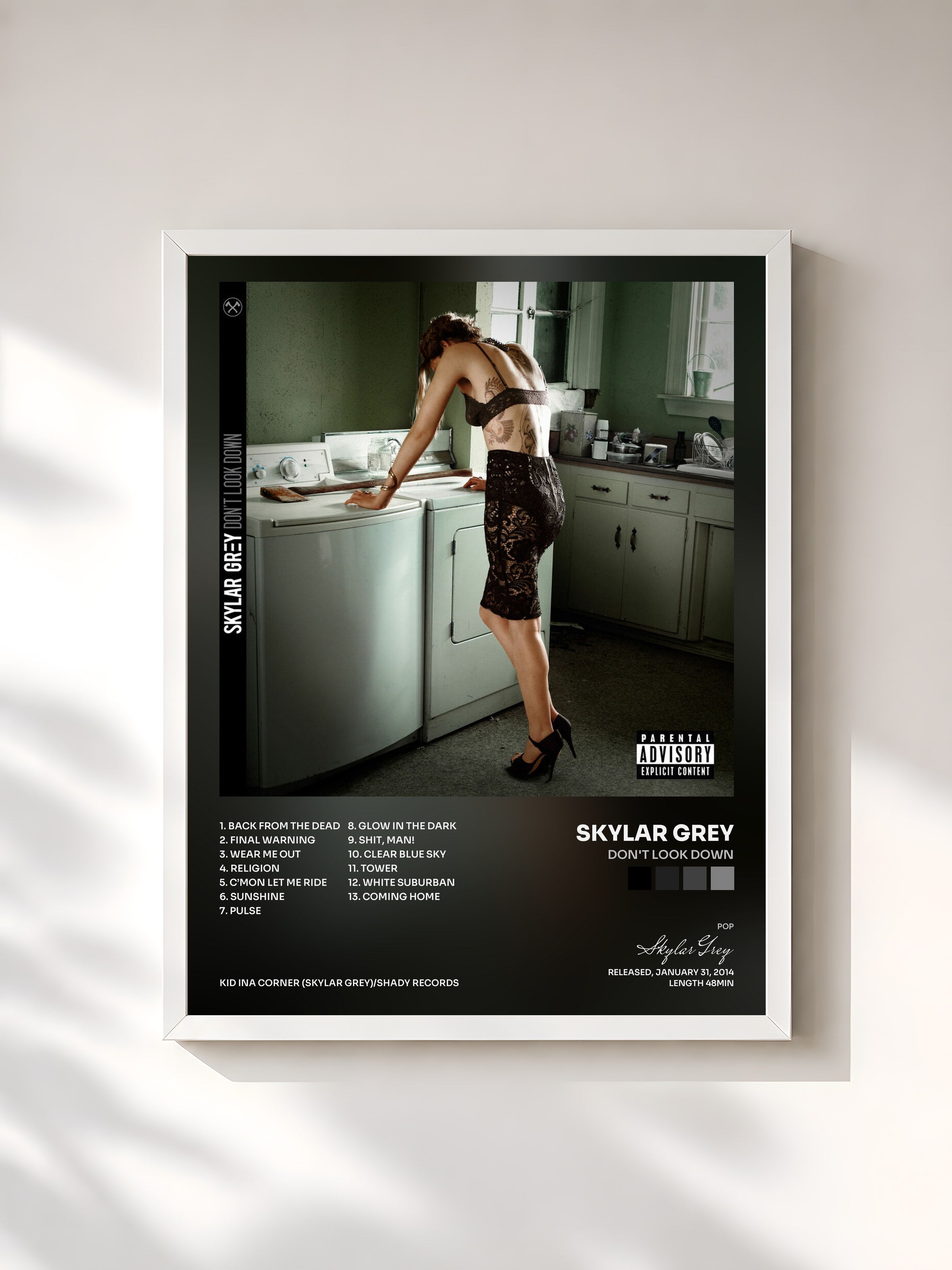 #blanc Tableau de l'album Don't Look Down de Skylar Grey, cadre blanc, imprimé et encadré en France