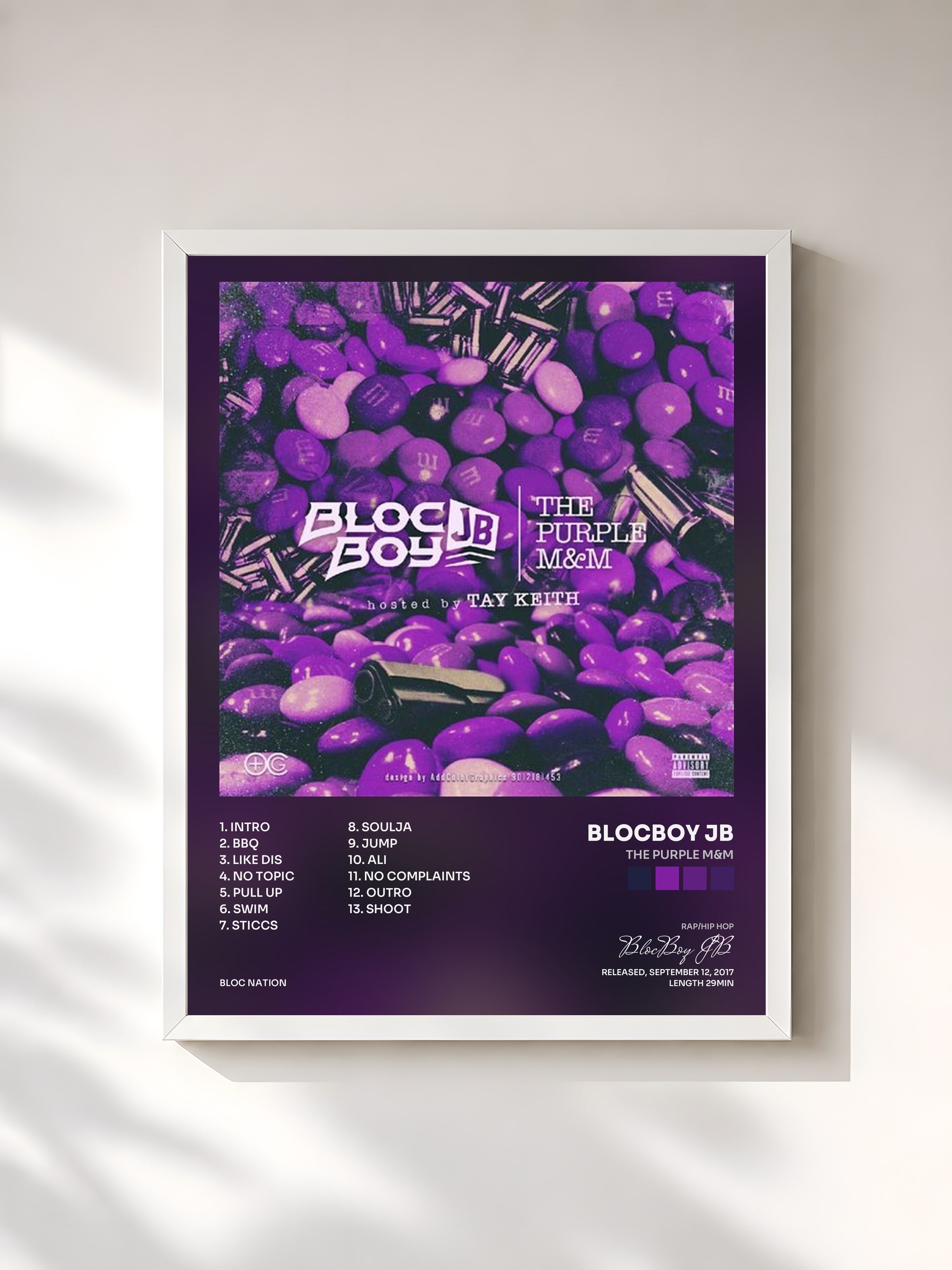 #blanc Tableau de l'album The Purple M&M de BlocBoy JB, cadre blanc, imprimé et encadré en France