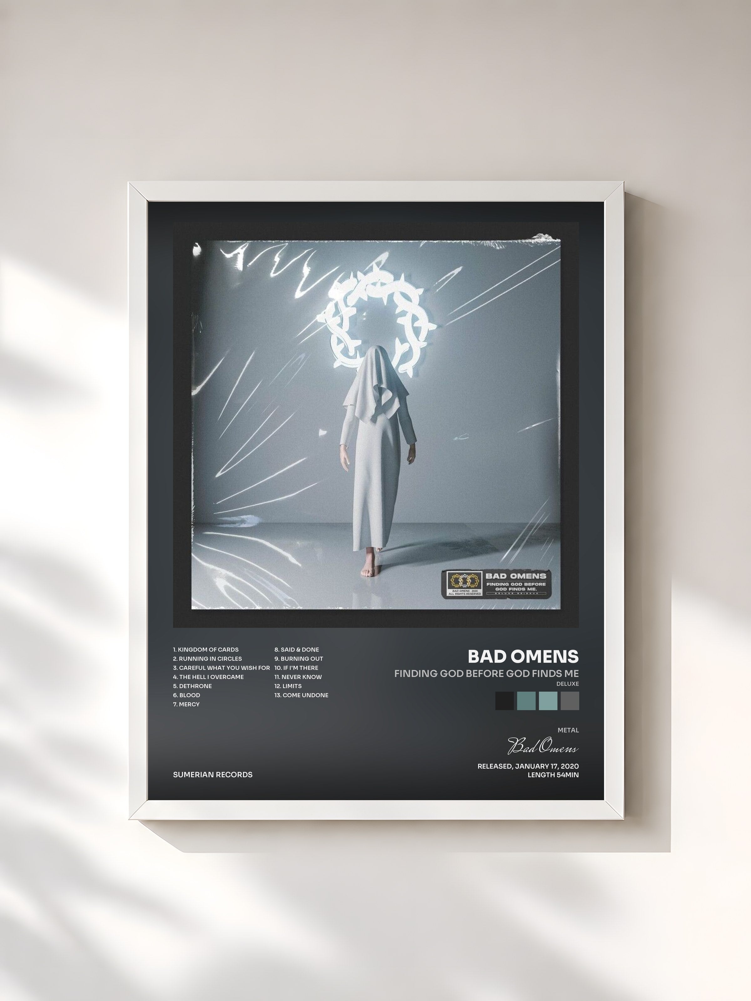 #blanc Tableau de l'album Finding God Before God Finds Me (Deluxe) de Bad Omens, cadre blanc, imprimé et encadré en France