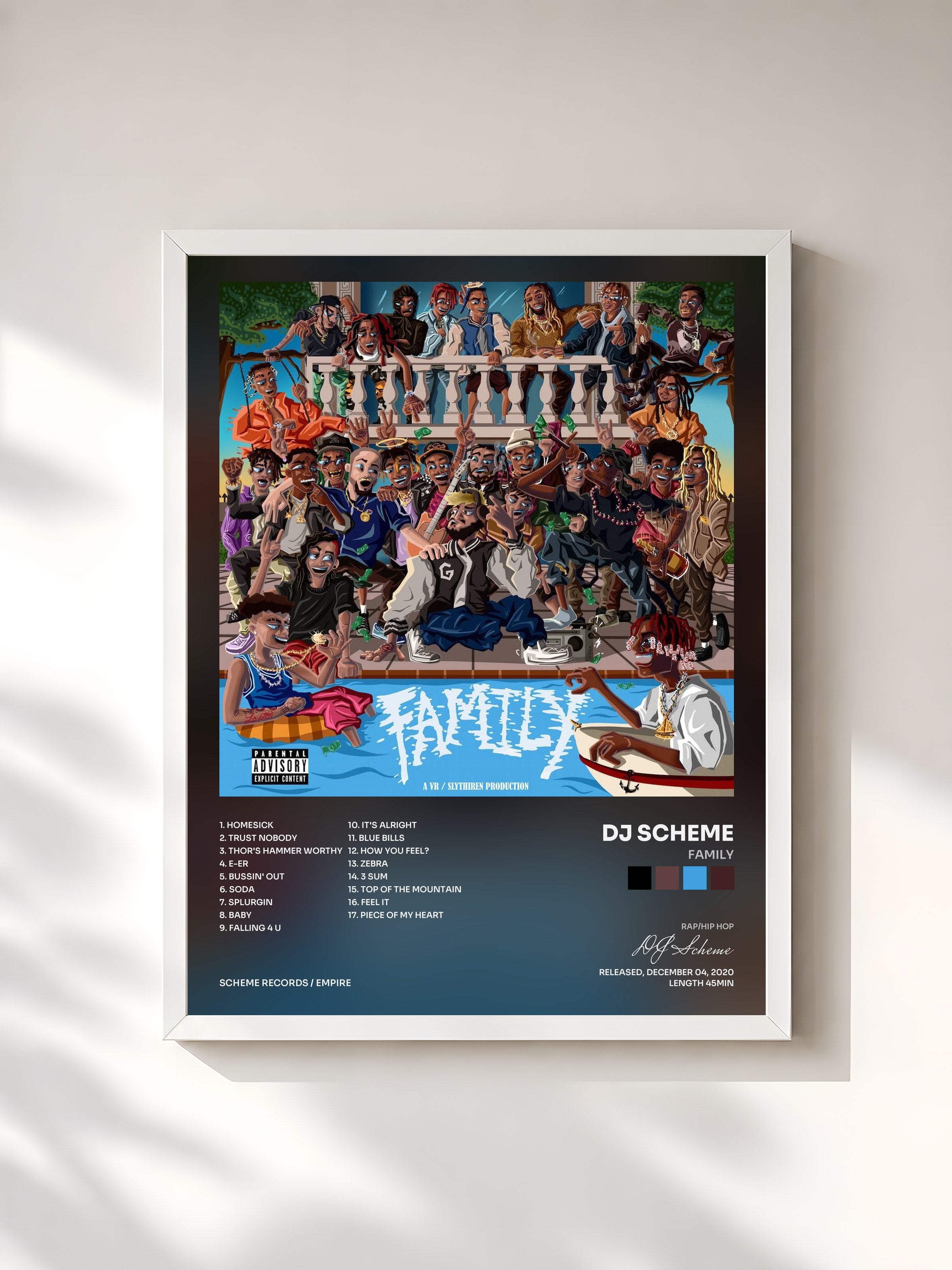 #blanc Tableau de l'album FAMILY de DJ Scheme, cadre blanc, imprimé et encadré en France