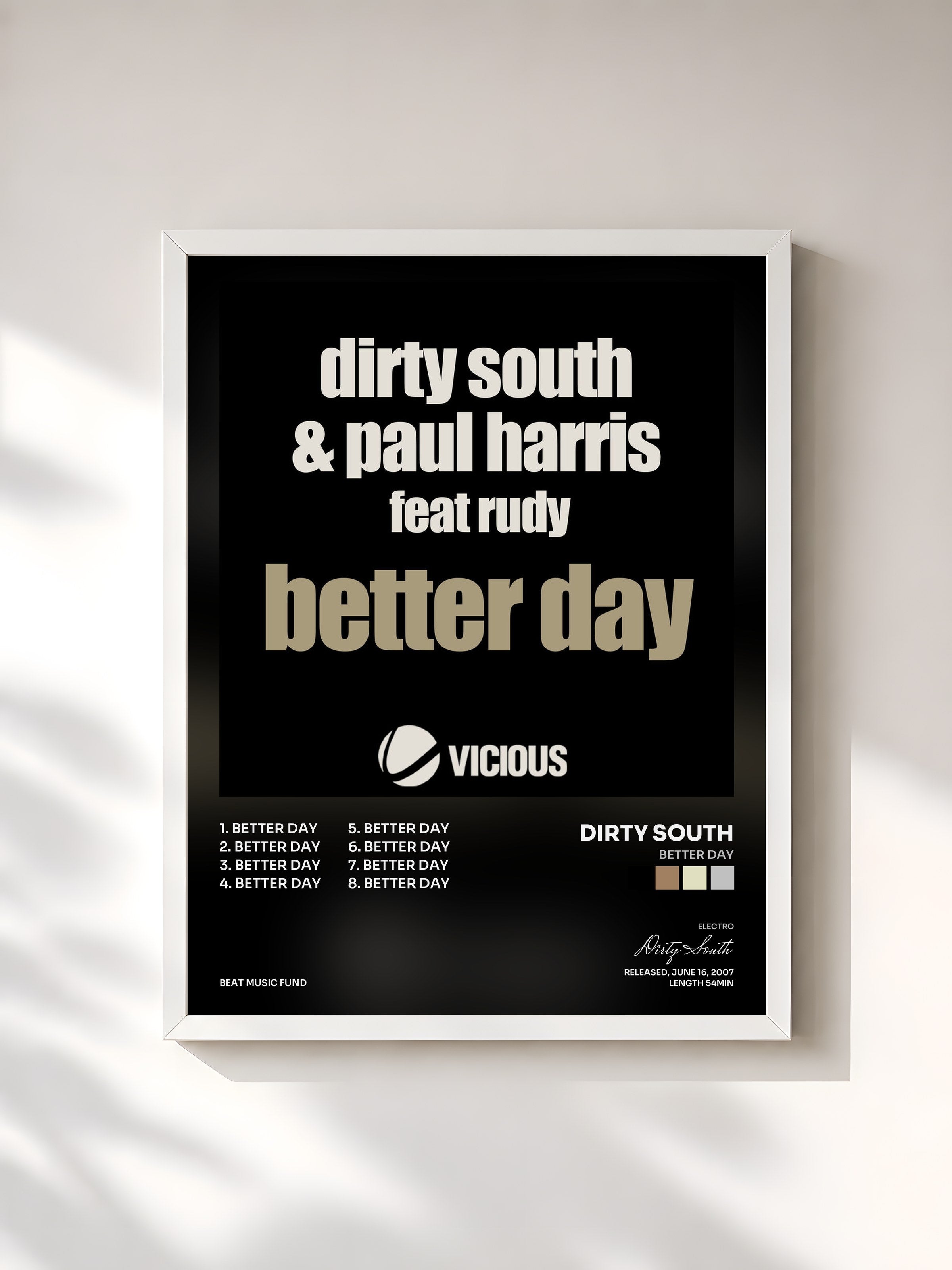 #blanc Tableau de l'album Better Day de Dirty South, cadre blanc, imprimé et encadré en France